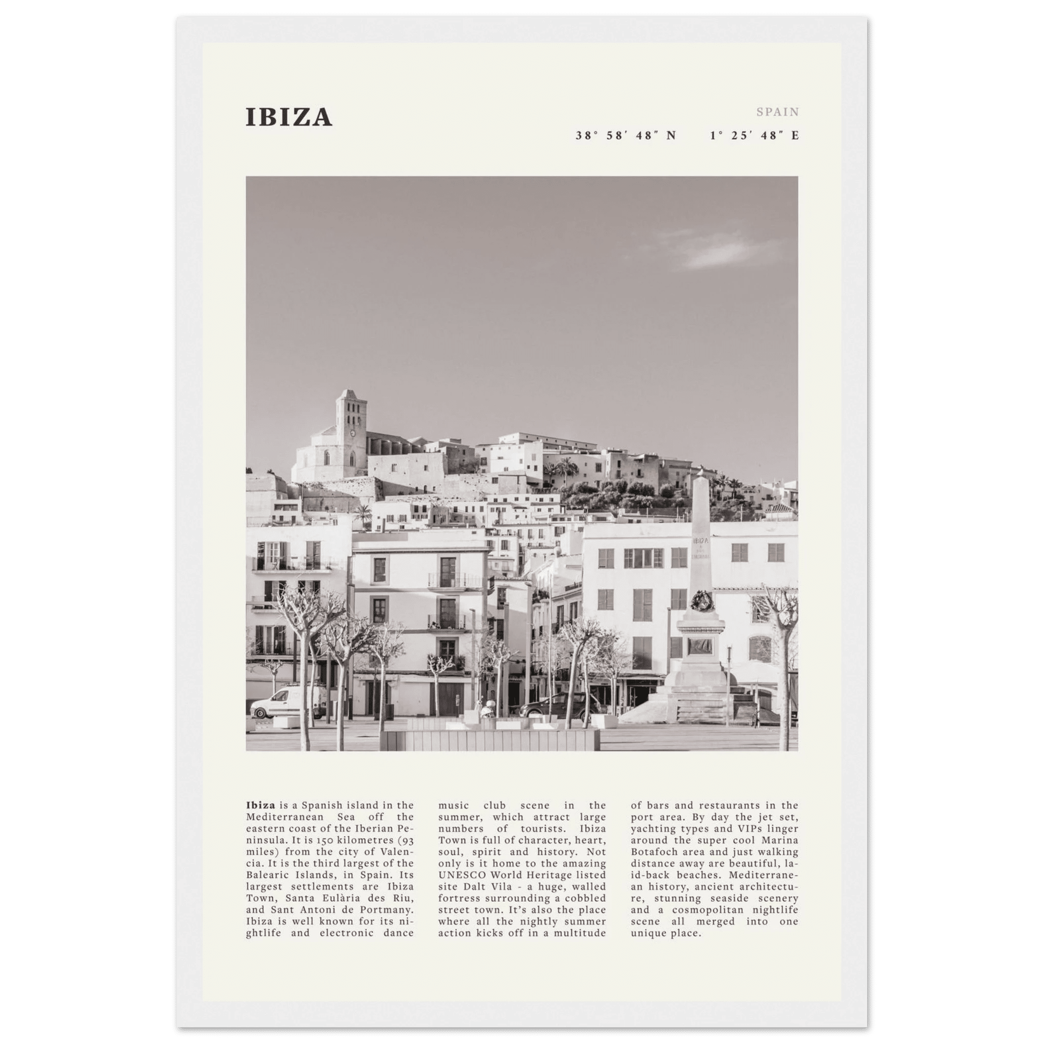 Ibiza Poster | Black & White Spanish Island Wall Art | Spain Travel Print - Evergreen Posters