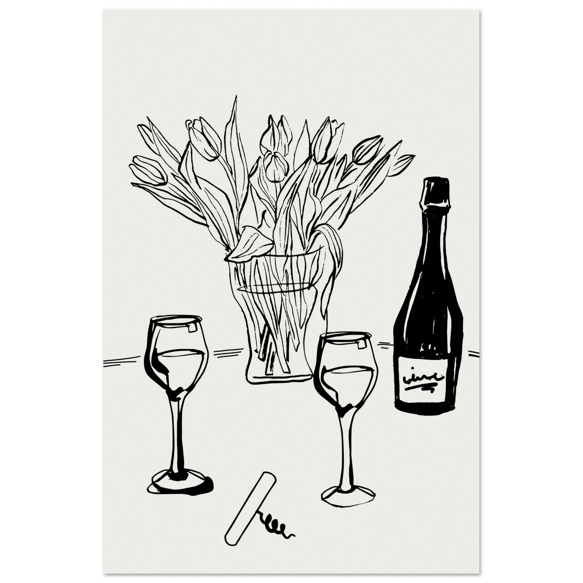 Wine & Tulips Print | Black Line Art Wine Bottle Wall Art | Minimalist Kitchen Poster - Evergreen Posters
