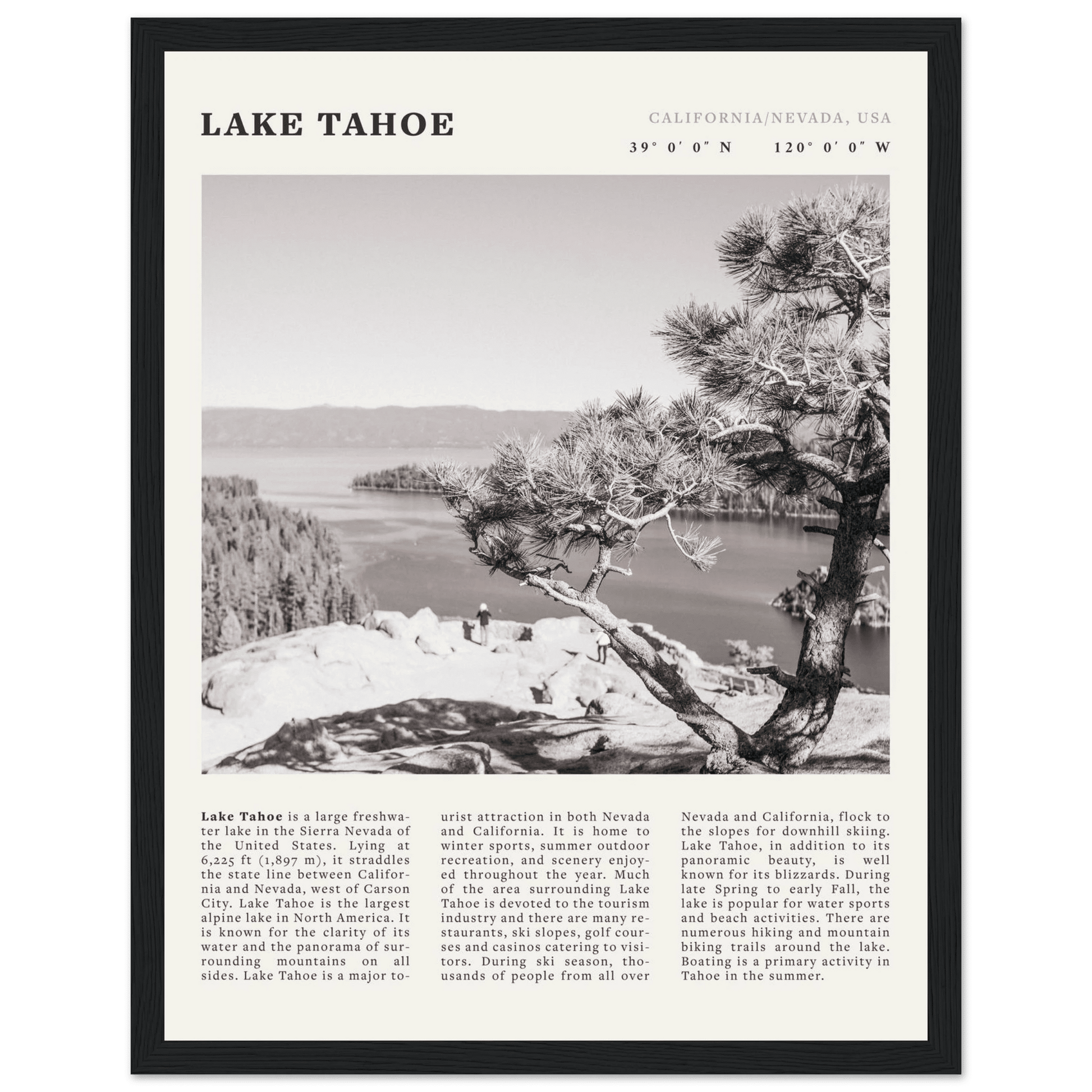Lake Tahoe Poster | Black & White California Nevada Wall Art | Nature Travel Print Decor - Evergreen Posters