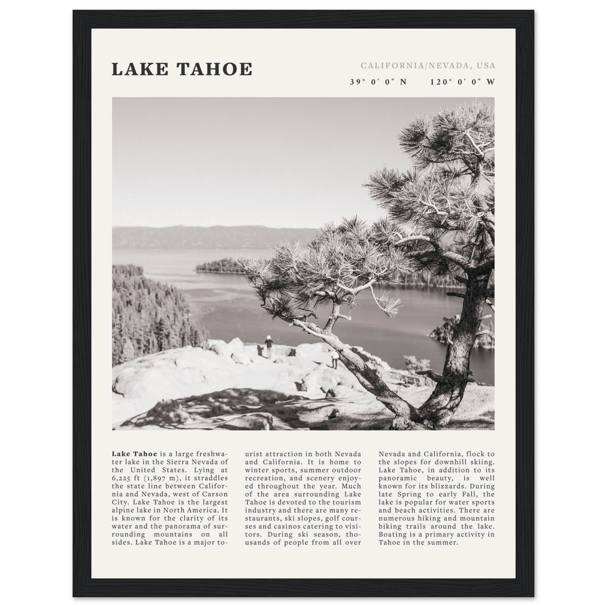 Lake Tahoe Poster | Black & White California Nevada Wall Art | Nature Travel Print Decor - Evergreen Posters