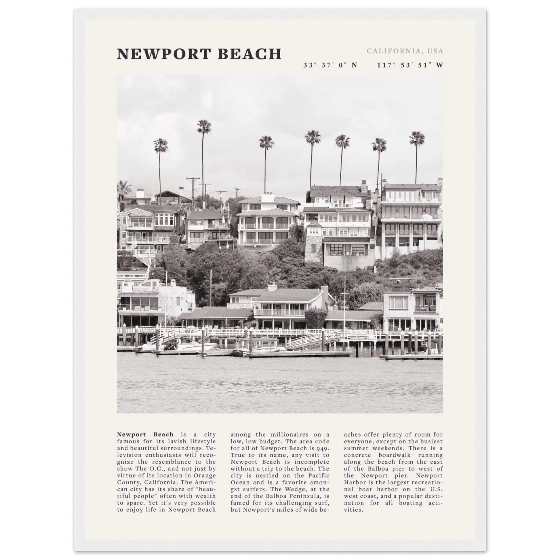 Newport Beach Poster | Black & White California Harbor Wall Art | Coastal Print - Evergreen Posters