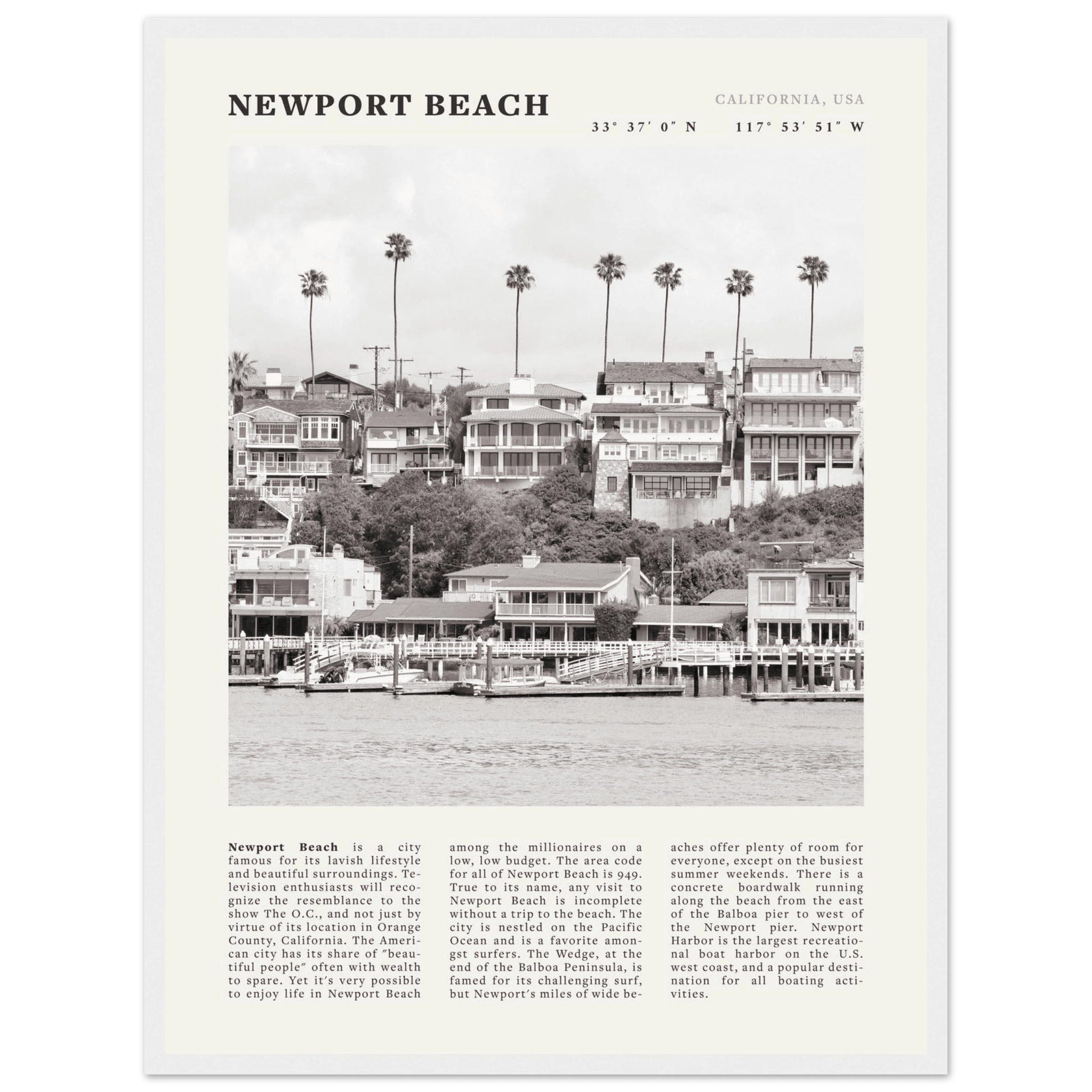 Newport Beach Poster | Black & White California Harbor Wall Art | Coastal Print - Evergreen Posters