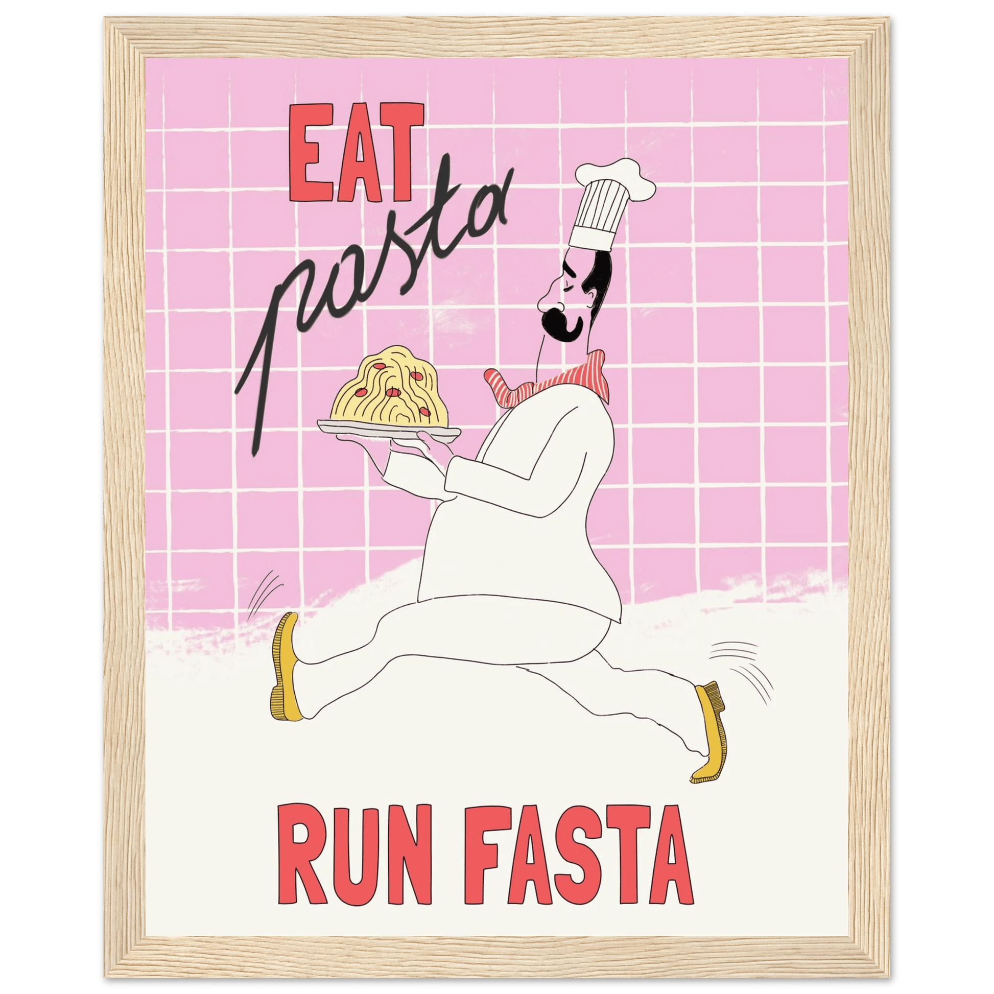 Eat Pasta Run Fasta Poster – Playful Kitchen Wall Art Print (Light Pink) - Evergreen Posters