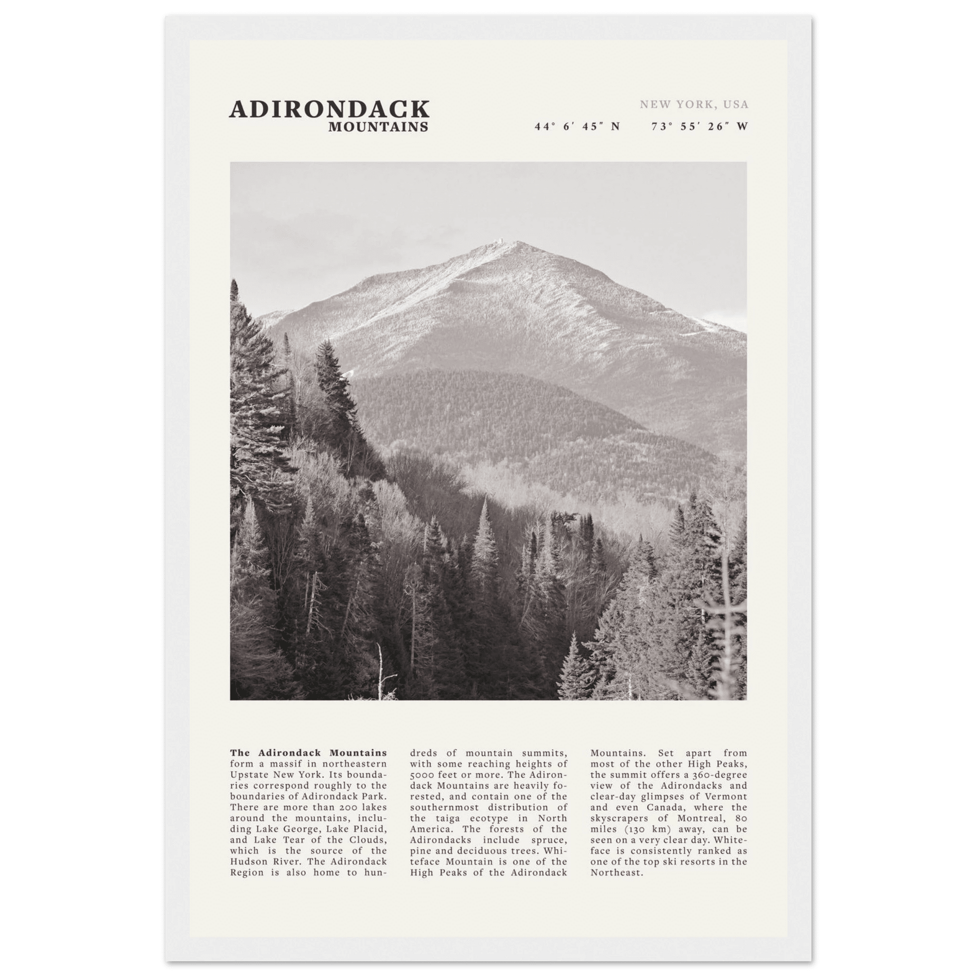 Adirondack Mountains Poster | Black & White New York Nature Wall Art | Hiking Print - Evergreen Posters