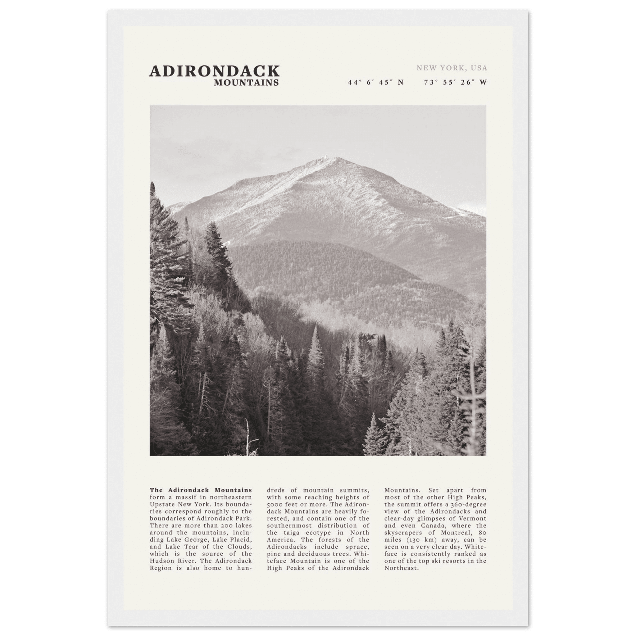 Adirondack Mountains Poster | Black & White New York Nature Wall Art | Hiking Print - Evergreen Posters