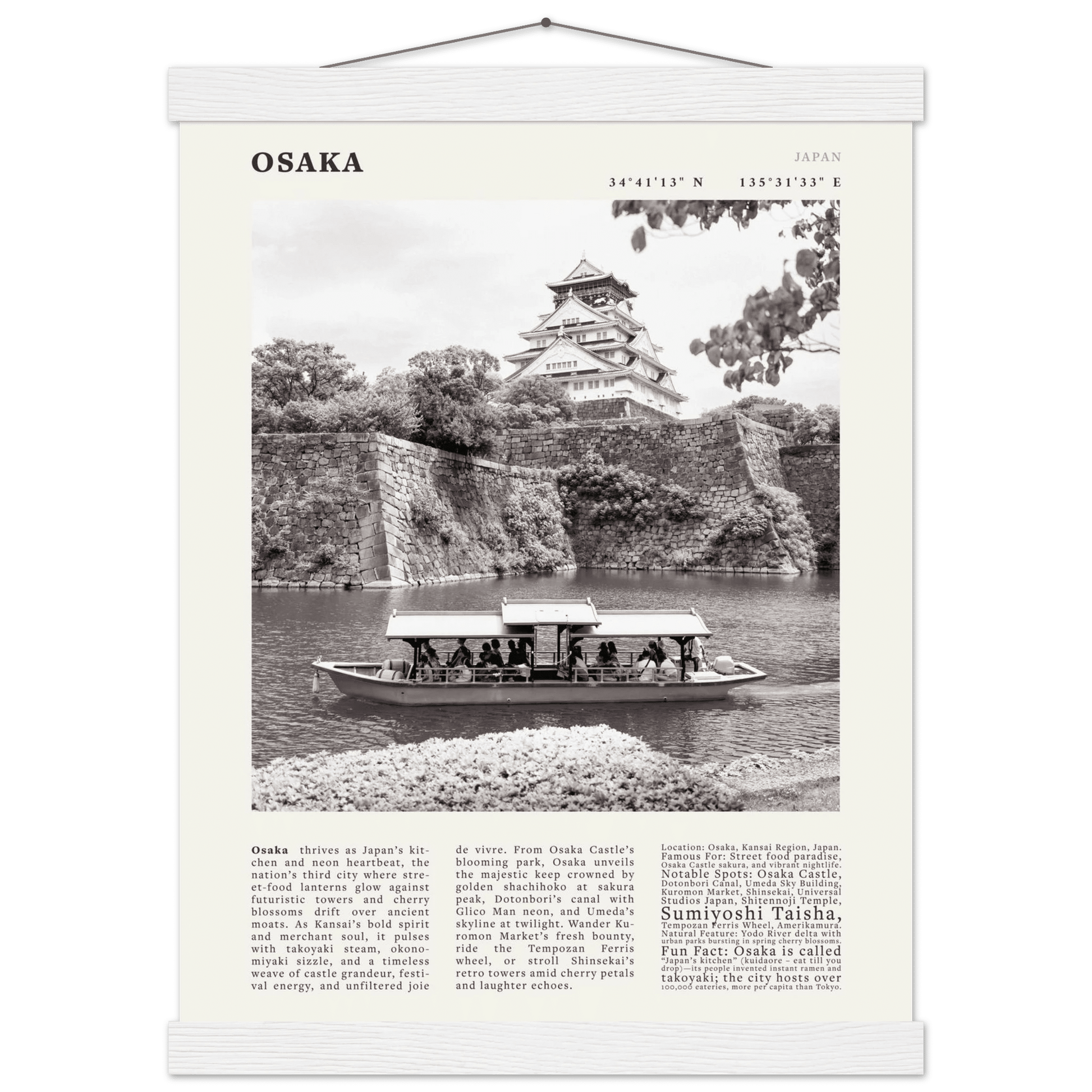 Osaka Poster Black and White – Vintage Osaka Castle Cherry Blossom Print (Digital & Printed Options) - Evergreen Posters