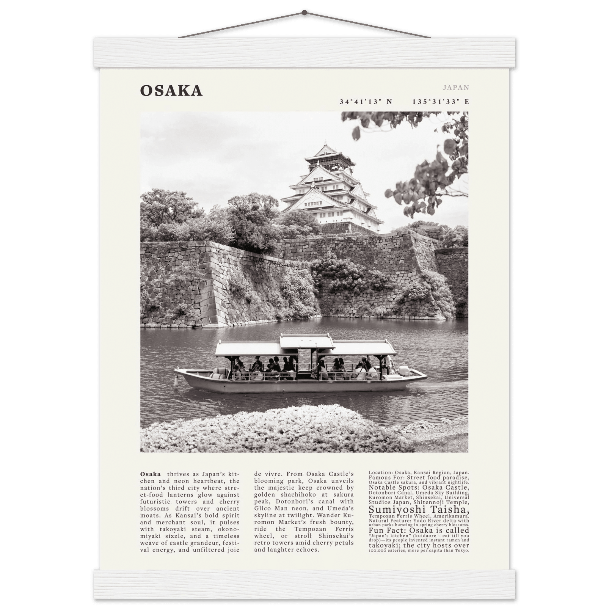 Osaka Poster Black and White – Vintage Osaka Castle Cherry Blossom Print (Digital & Printed Options) - Evergreen Posters