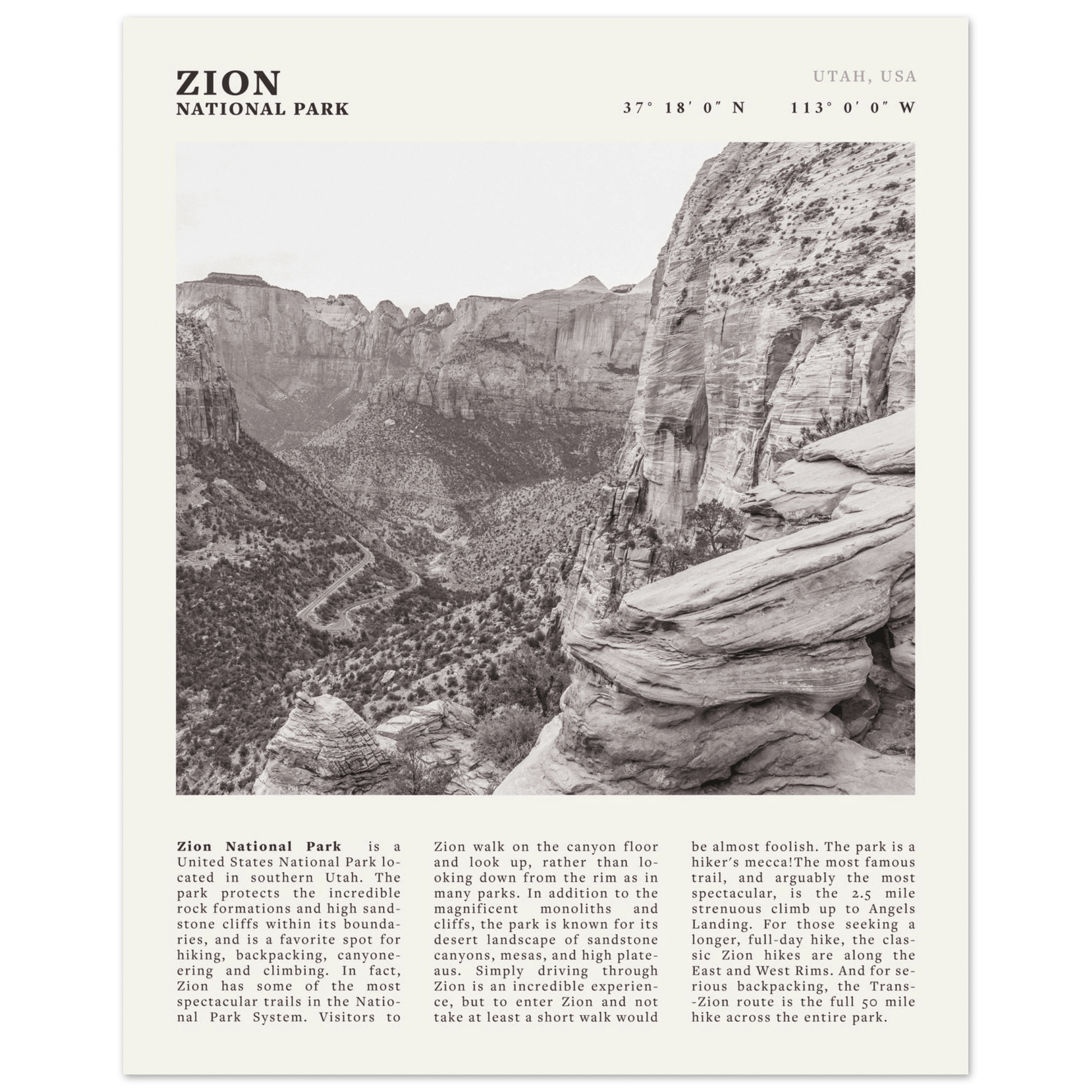 Zion National Park Poster | Black & White Utah Canyon Wall Art | USA Travel Print - Evergreen Posters