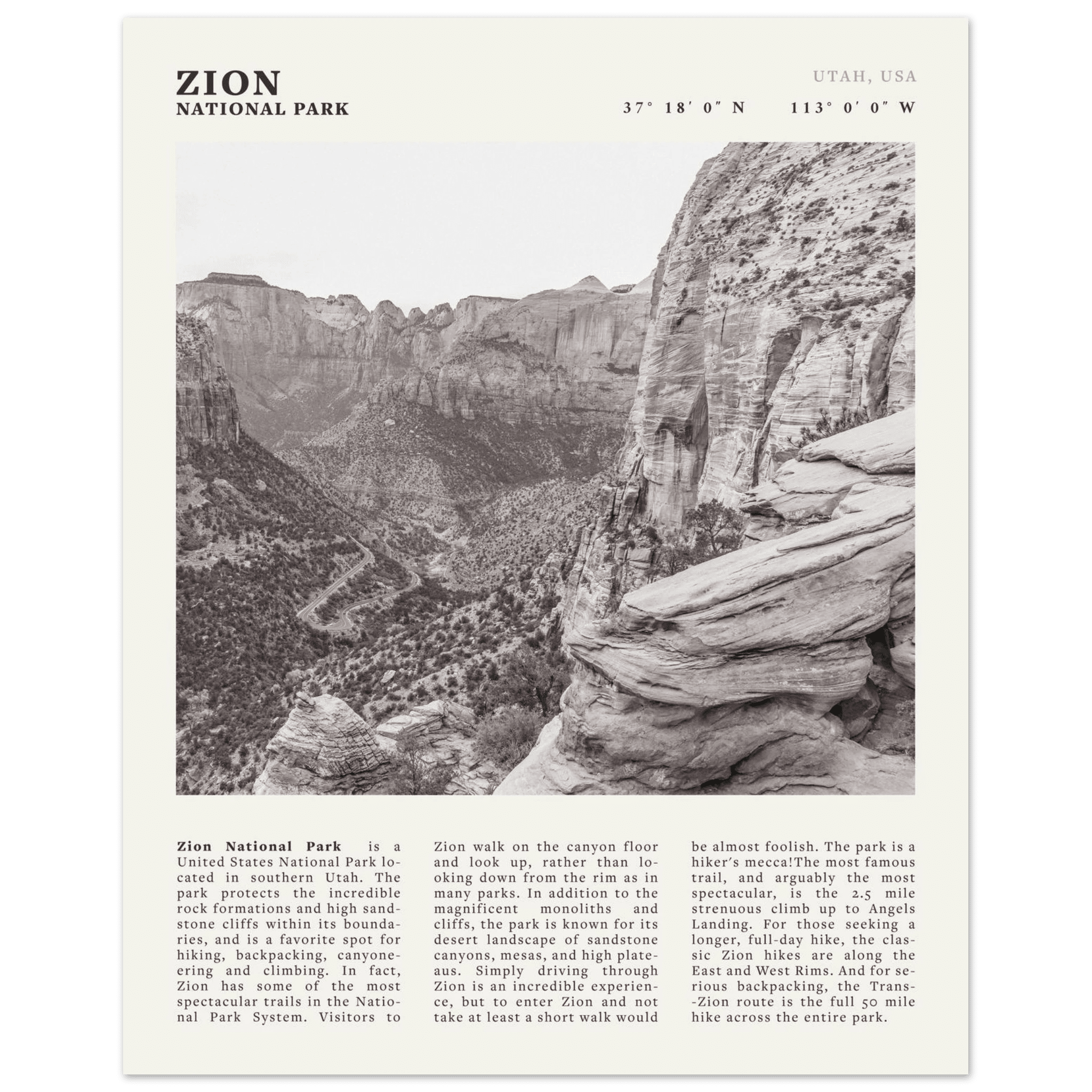 Zion National Park Poster | Black & White Utah Canyon Wall Art | USA Travel Print - Evergreen Posters