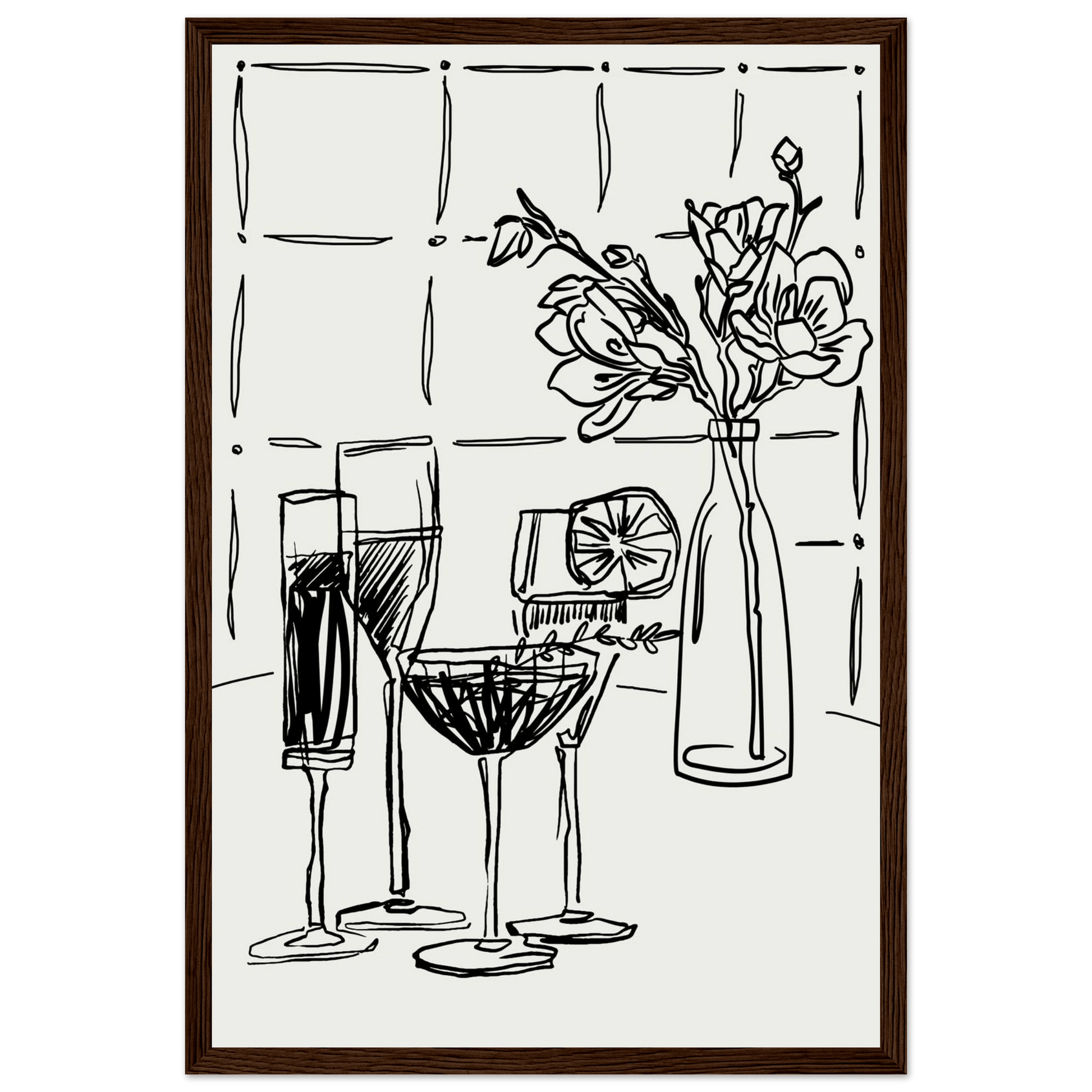 Cocktails & Flowers Print | Black Line Art Drinks Wall Art | Kitchen Bar Poster - Evergreen Posters