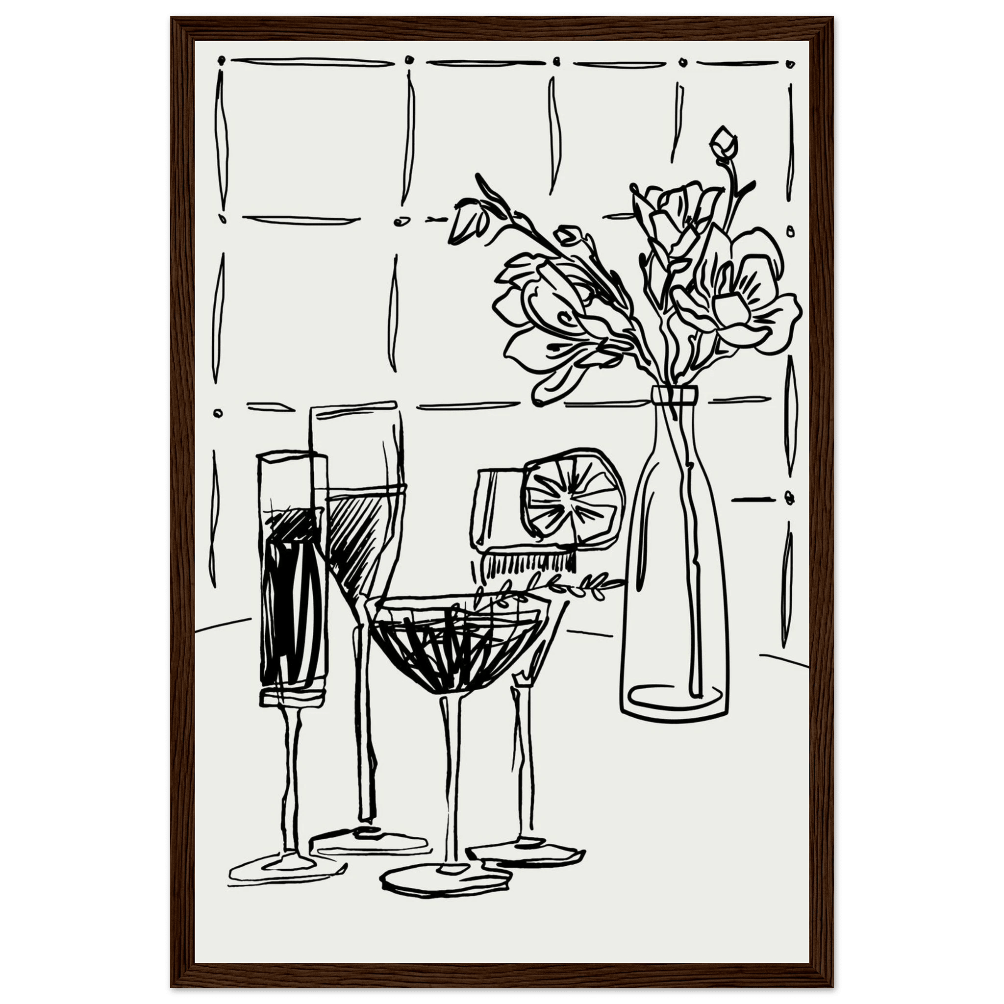 Cocktails & Flowers Print | Black Line Art Drinks Wall Art | Kitchen Bar Poster - Evergreen Posters