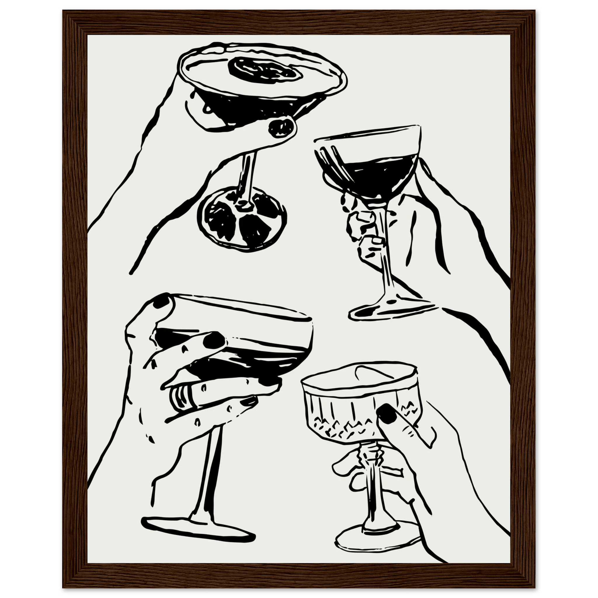 Cheers Print | Black Line Art Cocktail Glasses Wall Art | Kitchen Bar Poster - Evergreen Posters