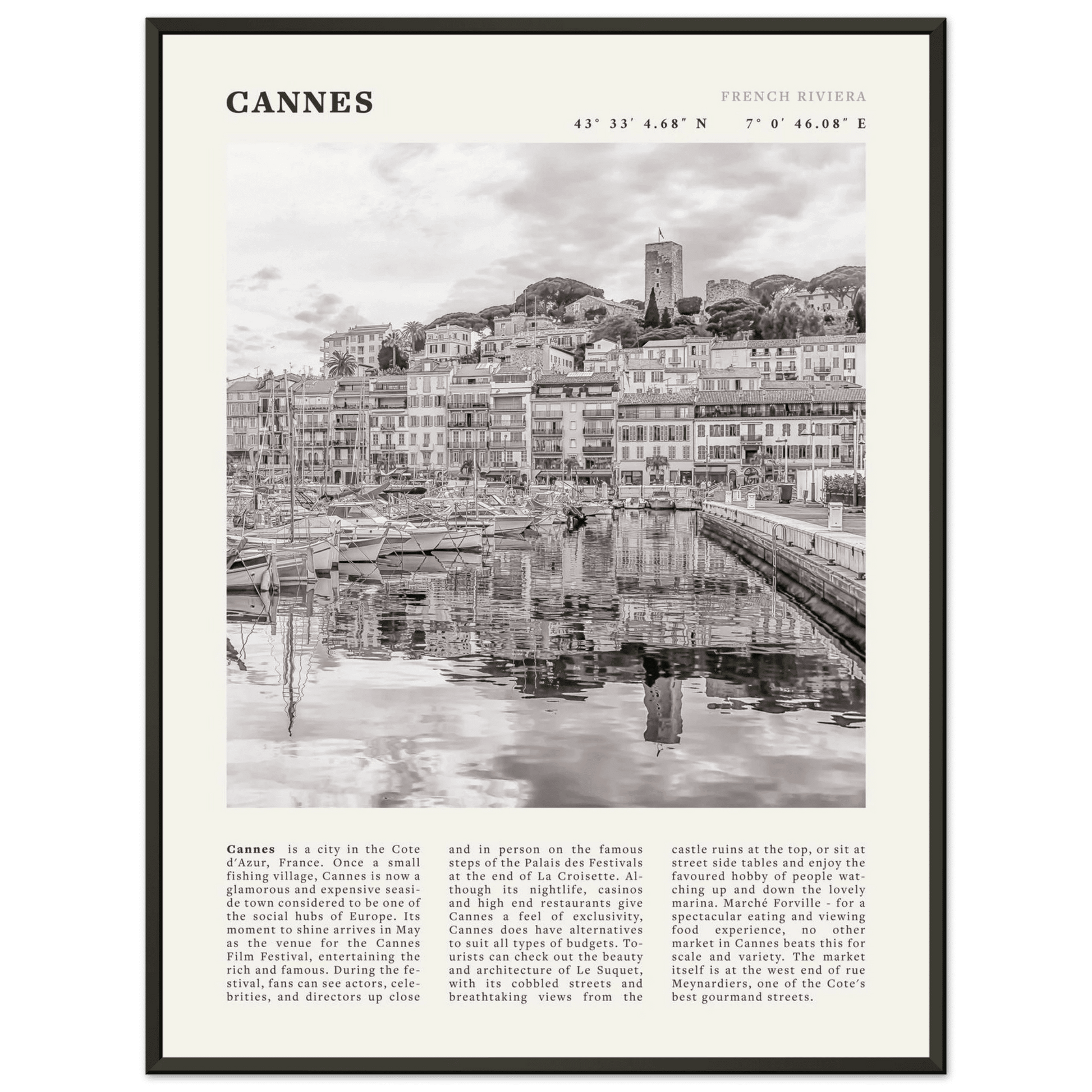 Cannes Poster | Black & White French Riviera Wall Art | France Travel Print - Evergreen Posters