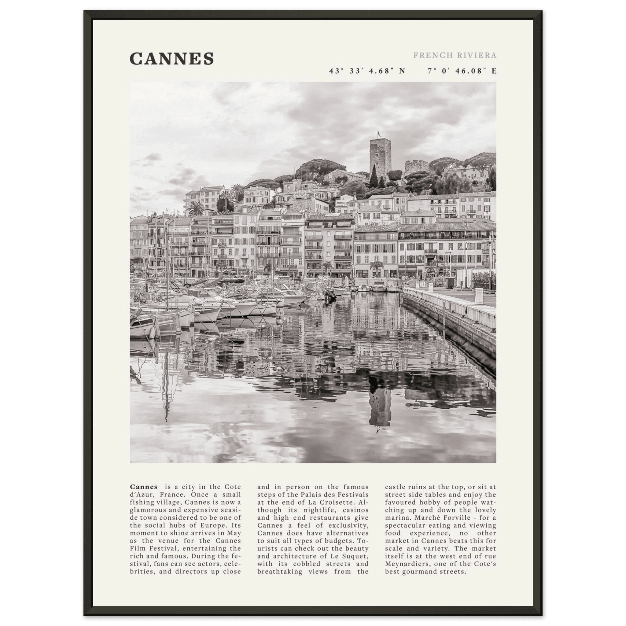 Cannes Poster | Black & White French Riviera Wall Art | France Travel Print - Evergreen Posters