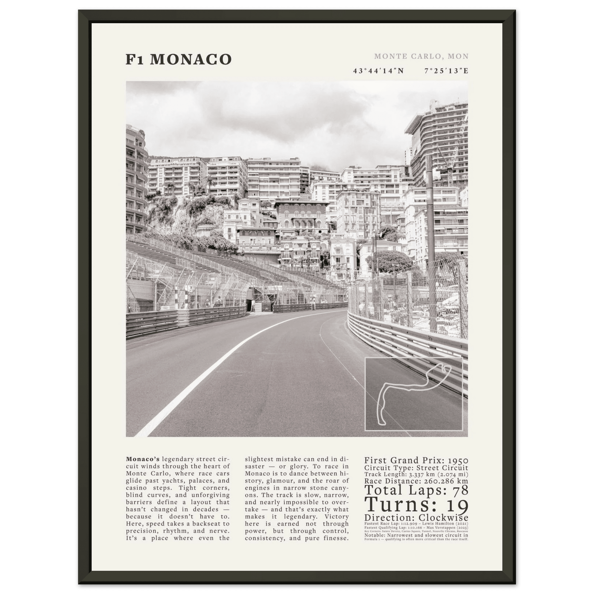 F1 Monaco Poster Black and White – Vintage Monte Carlo Street Circuit Print (Digital & Printed Options) - Evergreen Posters
