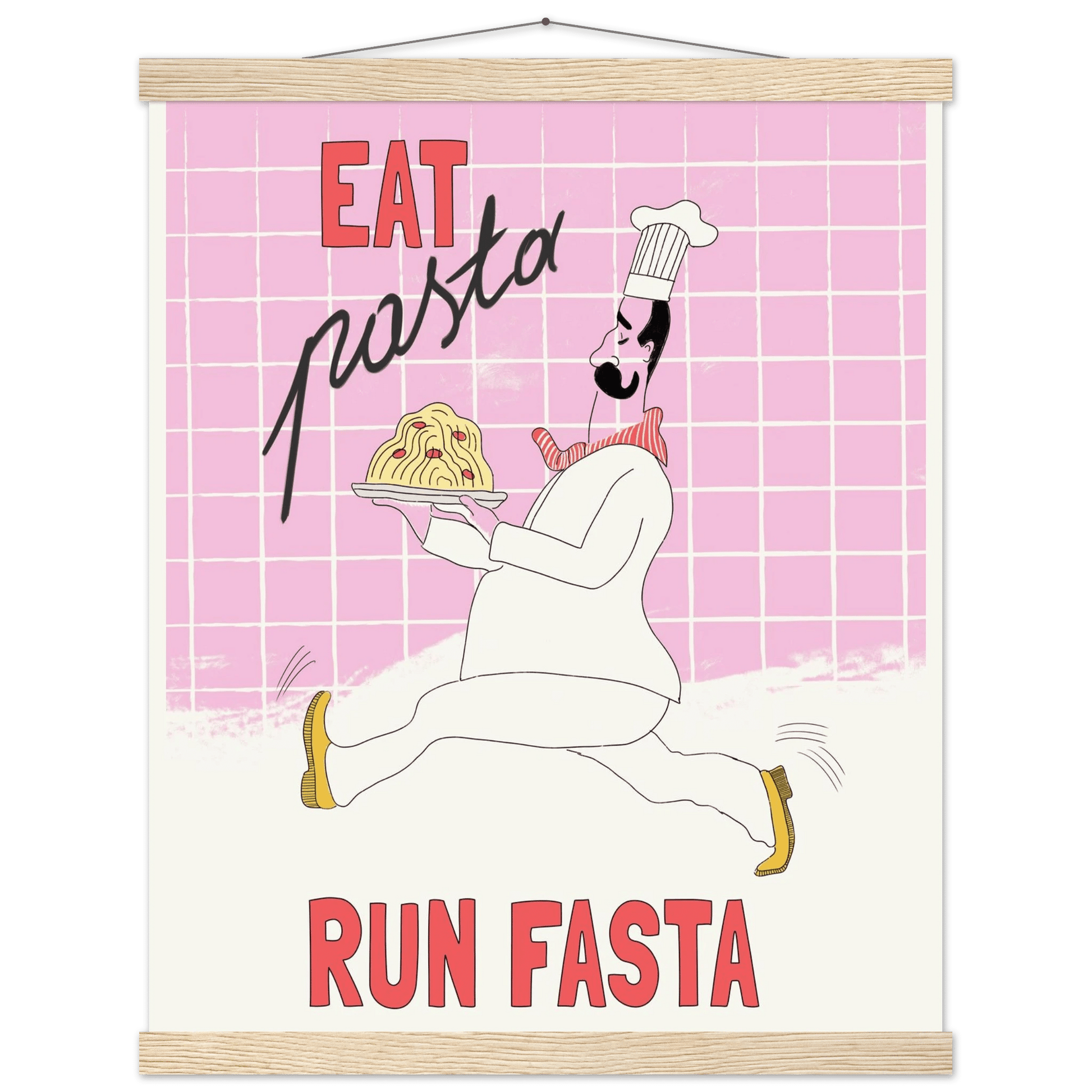 Eat Pasta Run Fasta Poster – Playful Kitchen Wall Art Print (Light Pink) - Evergreen Posters