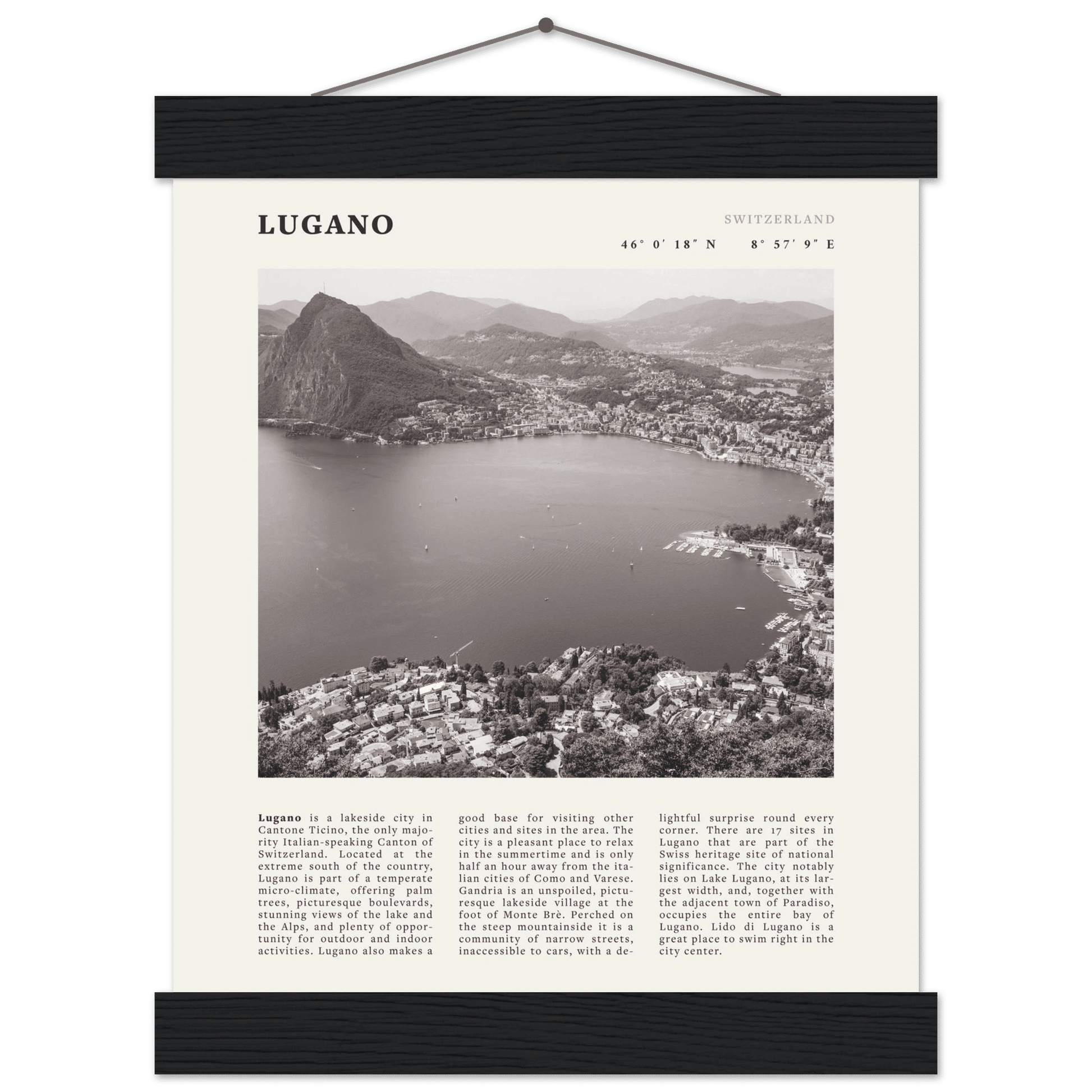 Lugano Poster | Black & White Swiss Lake Wall Art | Switzerland Travel Print - Evergreen Posters