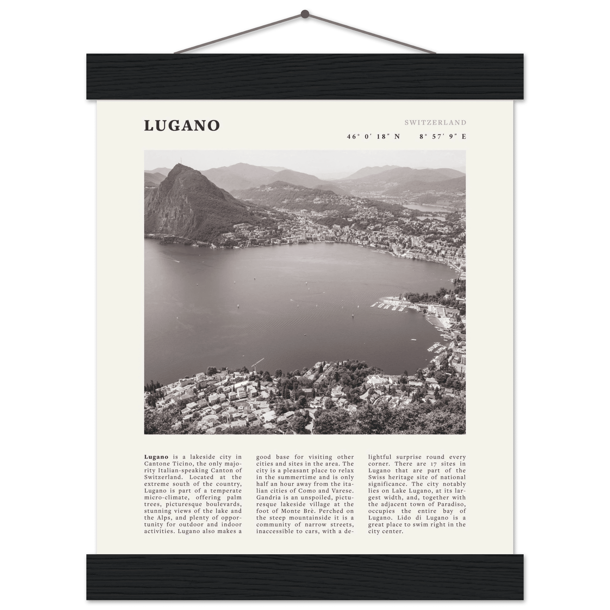 Lugano Poster | Black & White Swiss Lake Wall Art | Switzerland Travel Print - Evergreen Posters