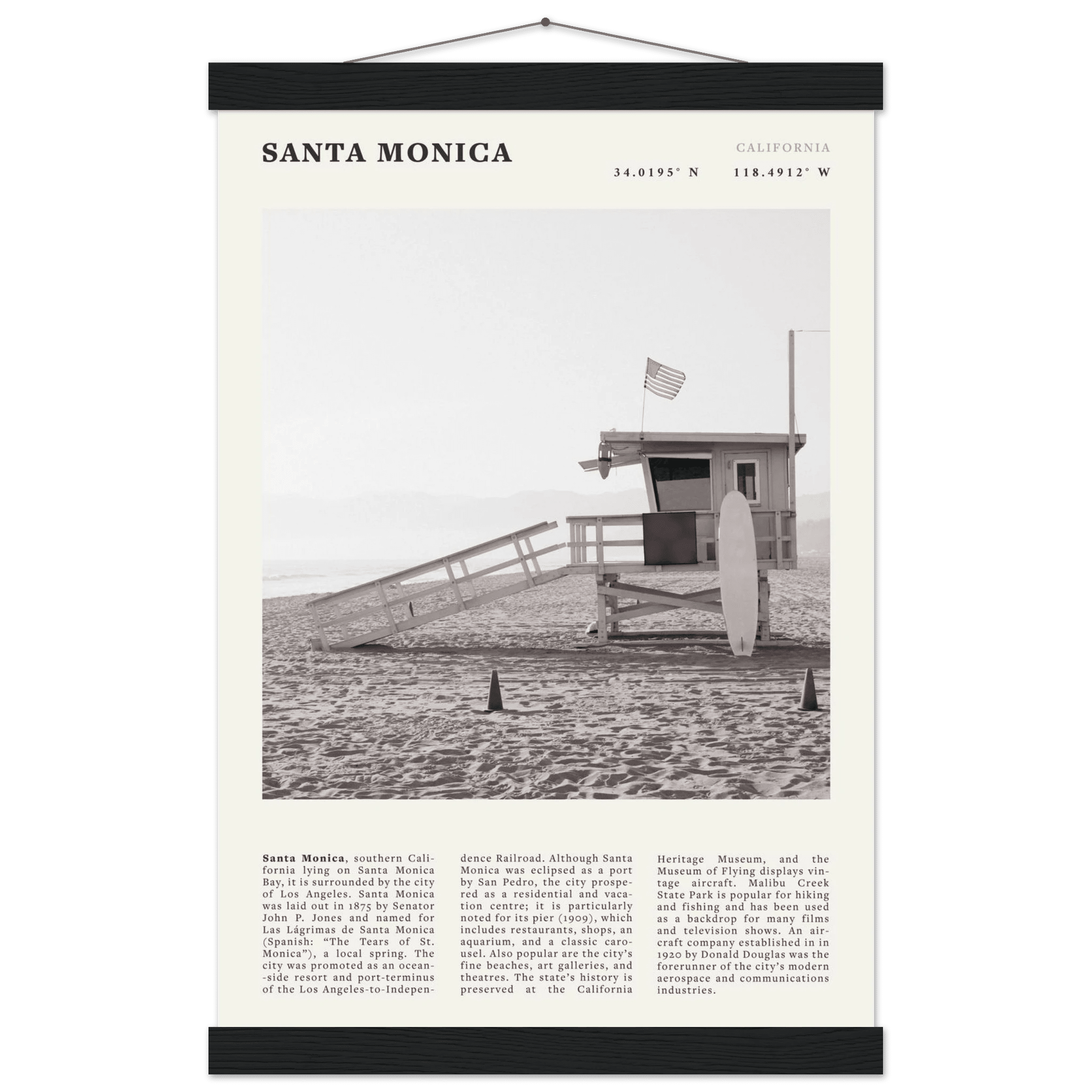 Santa Monica Poster | Black & White California Wall Art | Beach Travel Print | Coastal Decor - Evergreen Posters