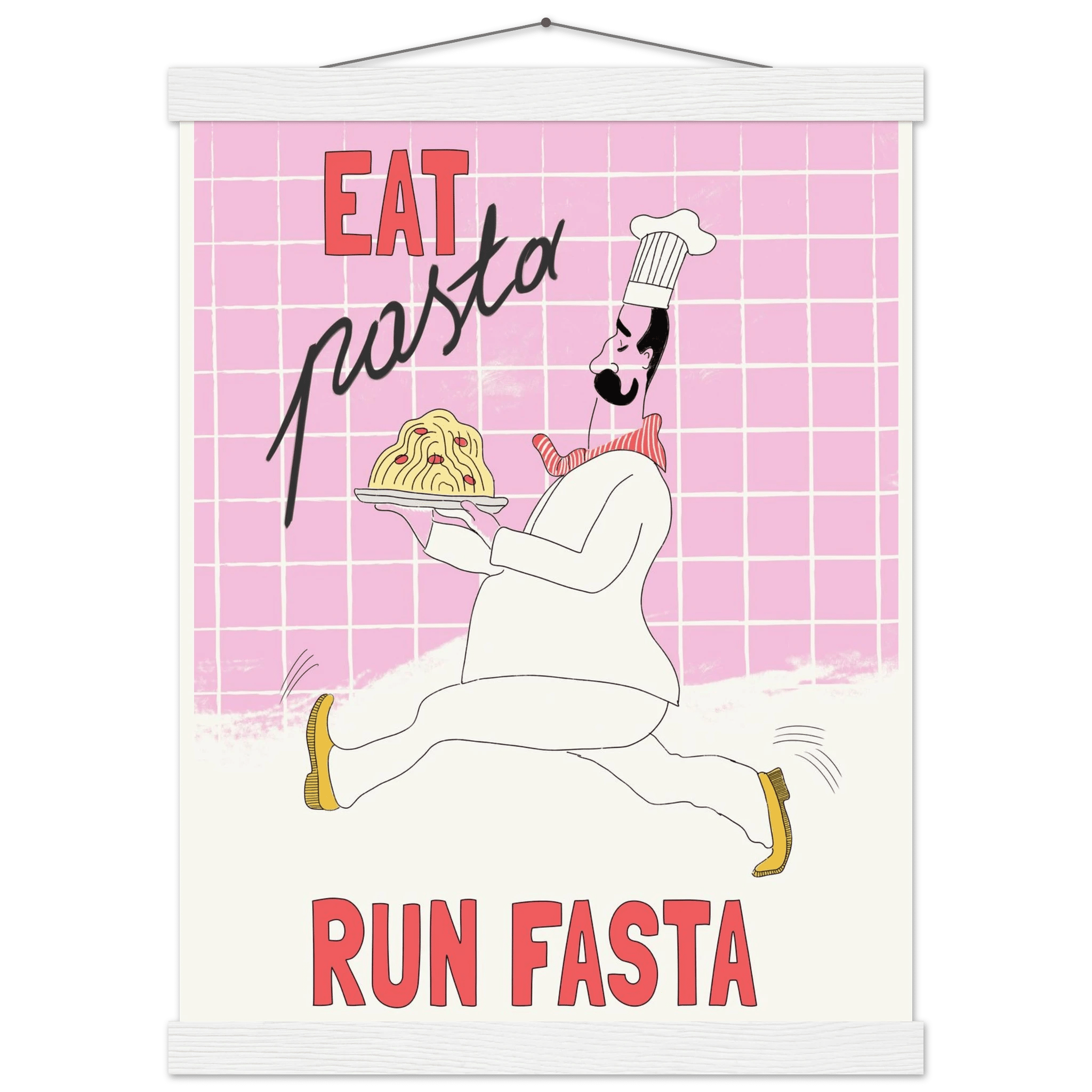 Eat Pasta Run Fasta Poster – Playful Kitchen Wall Art Print (Light Pink) - Evergreen Posters