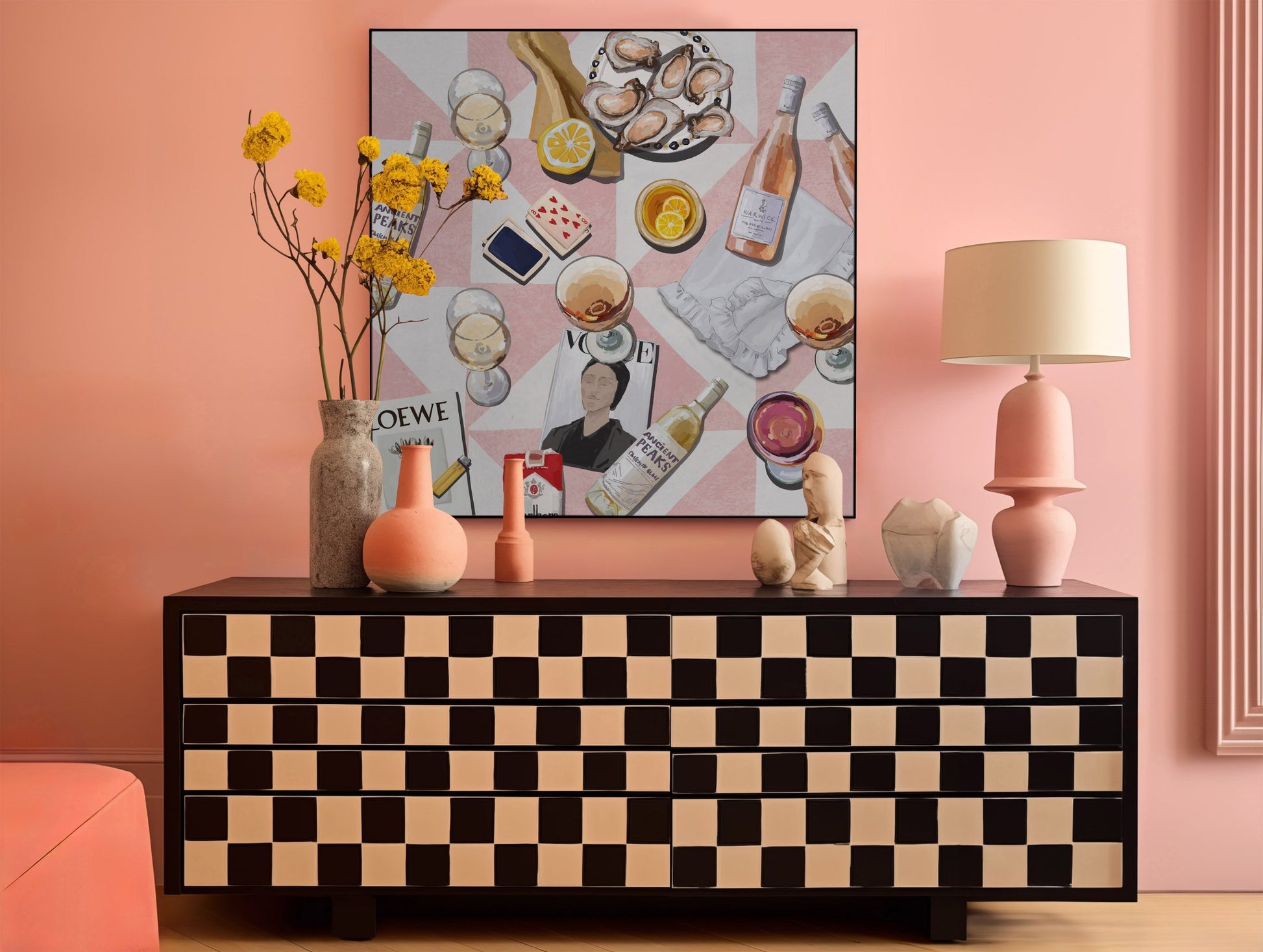 Vogue Oysters & Rosé Poster | Dopamine Decor Luxury Wall Art | Pink Tile Square Print - Evergreen Posters