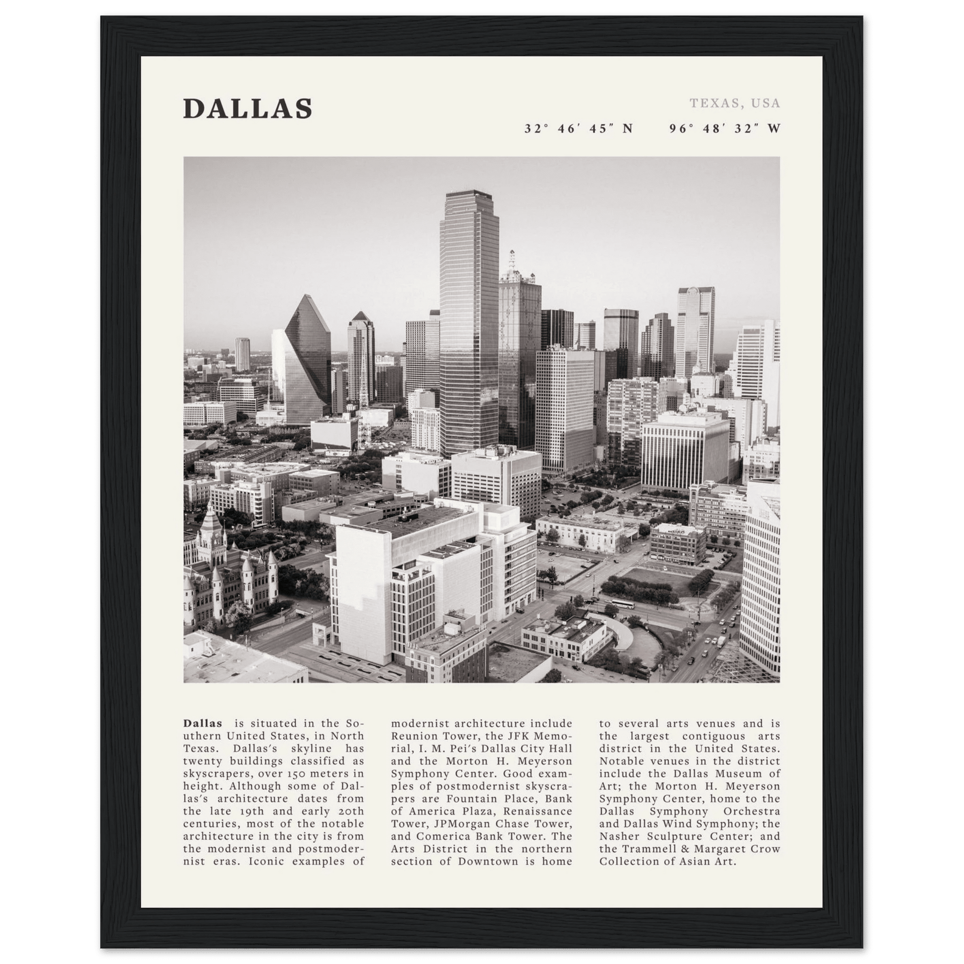 Dallas Poster | Black & White Texas Skyline Wall Art | City Travel Print Decor - Evergreen Posters