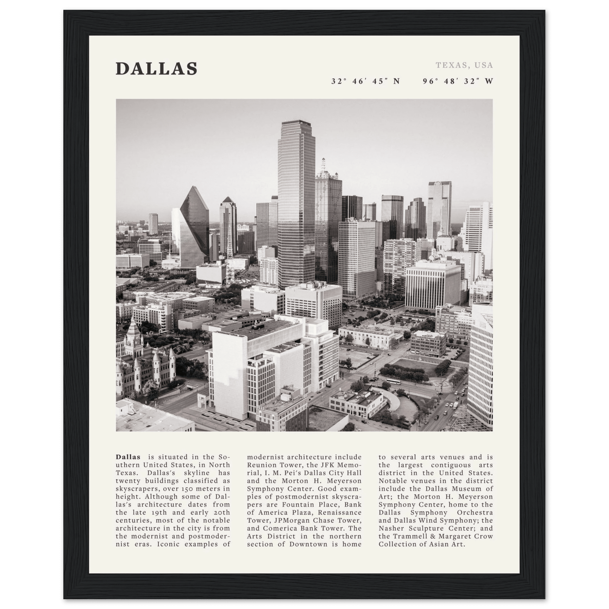 Dallas Poster | Black & White Texas Skyline Wall Art | City Travel Print Decor - Evergreen Posters