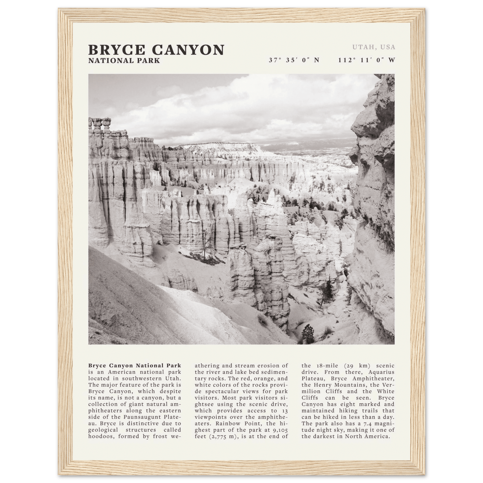Bryce Canyon National Park Poster | Black & White Utah Hoodoos Wall Art Print - Evergreen Posters - 15