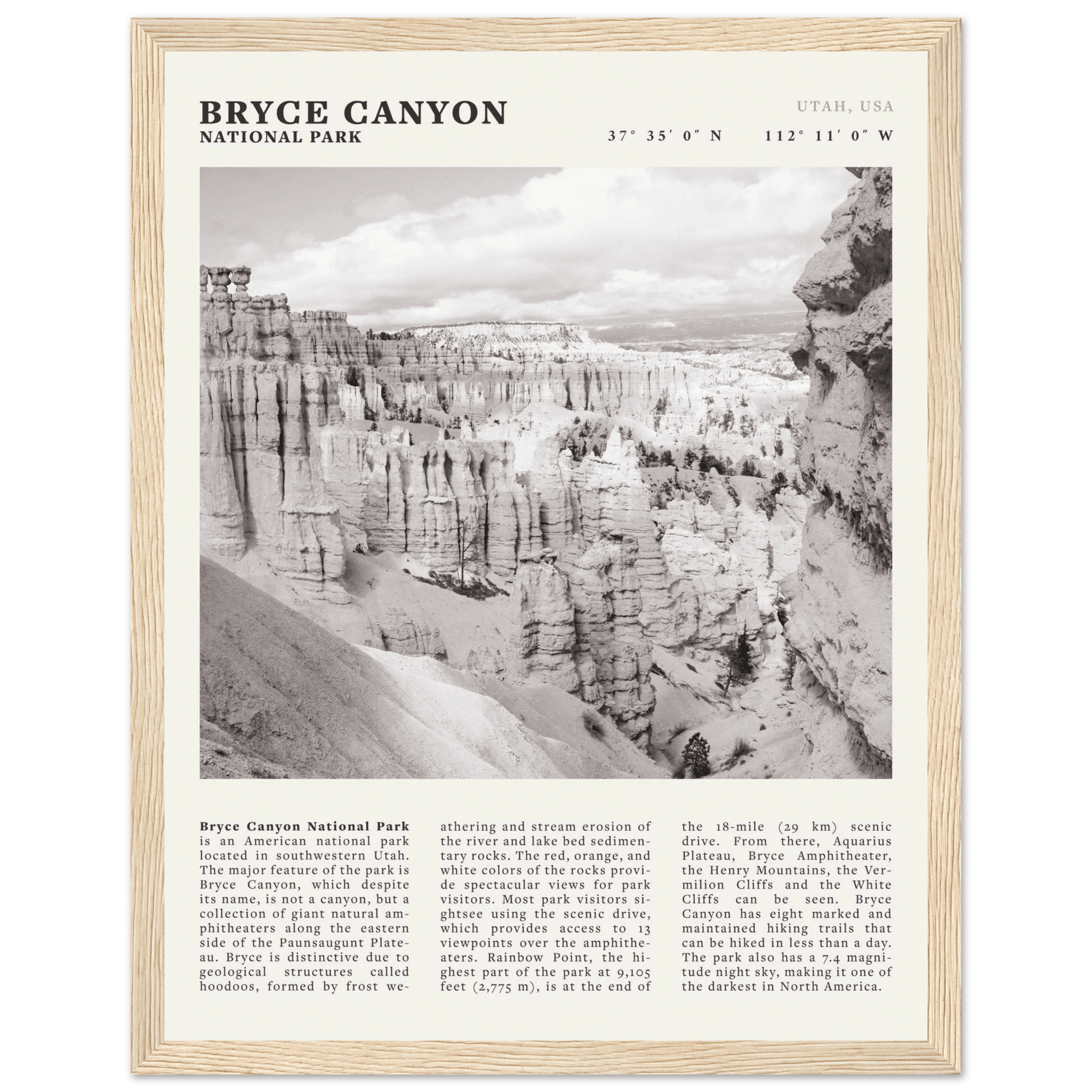 Bryce Canyon National Park Poster | Black & White Utah Hoodoos Wall Art Print - Evergreen Posters - 15