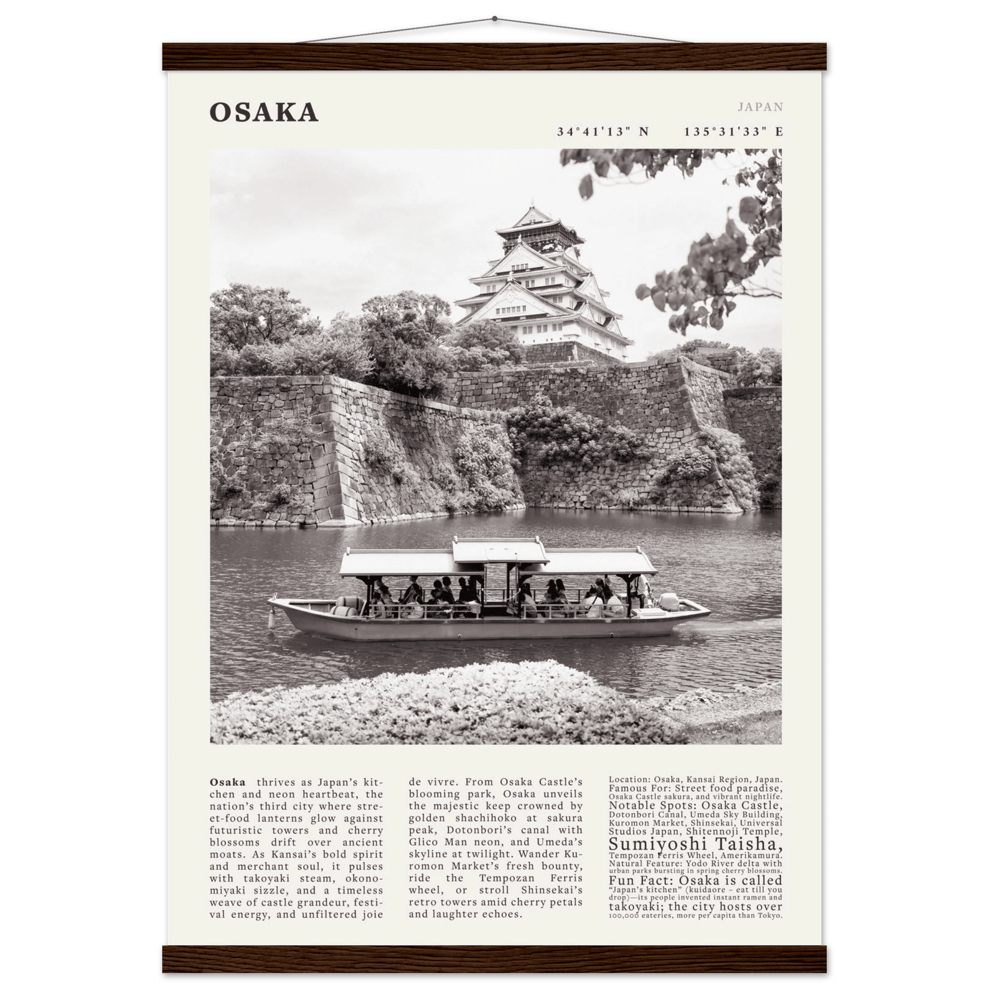 Osaka Poster Black and White – Vintage Osaka Castle Cherry Blossom Print (Digital & Printed Options) - Evergreen Posters