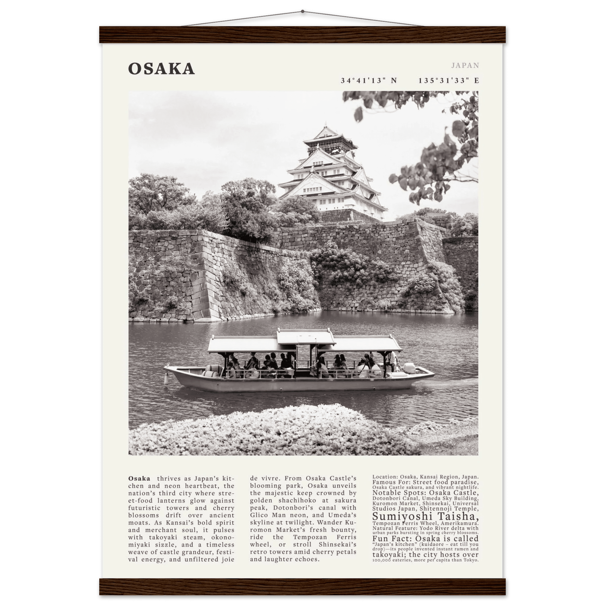 Osaka Poster Black and White – Vintage Osaka Castle Cherry Blossom Print (Digital & Printed Options) - Evergreen Posters