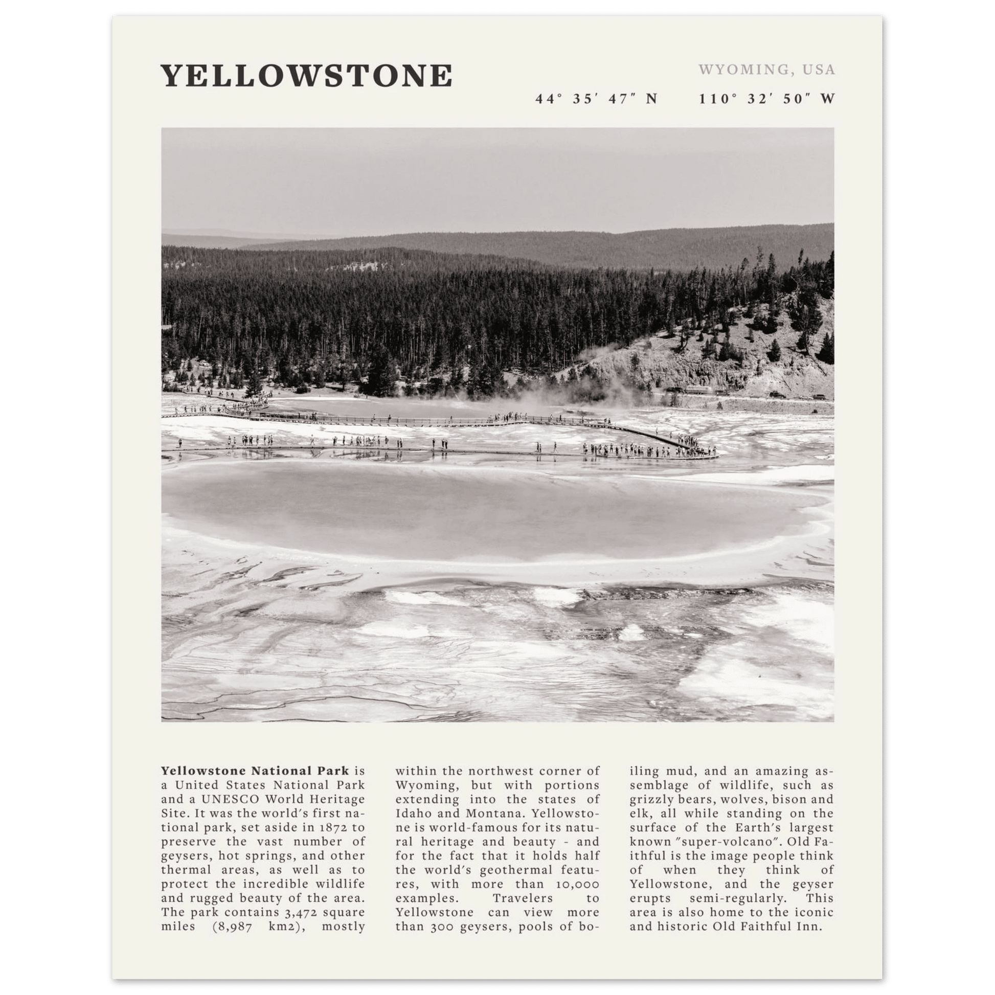 Yellowstone Poster | Black & White Grand Prismatic Spring Wall Art | WY Print - Evergreen Posters