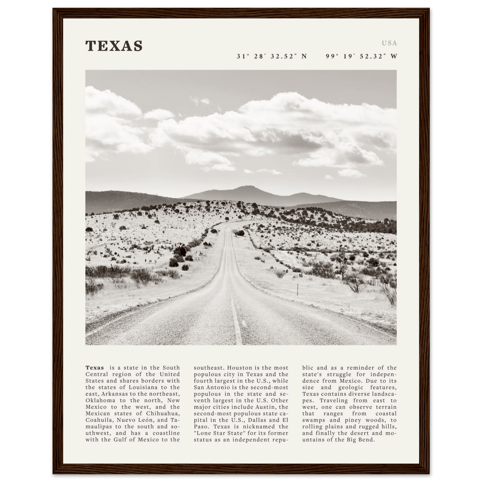 Texas Poster | Black & White Lone Star Road Wall Art | USA Travel Print Decor - Evergreen Posters