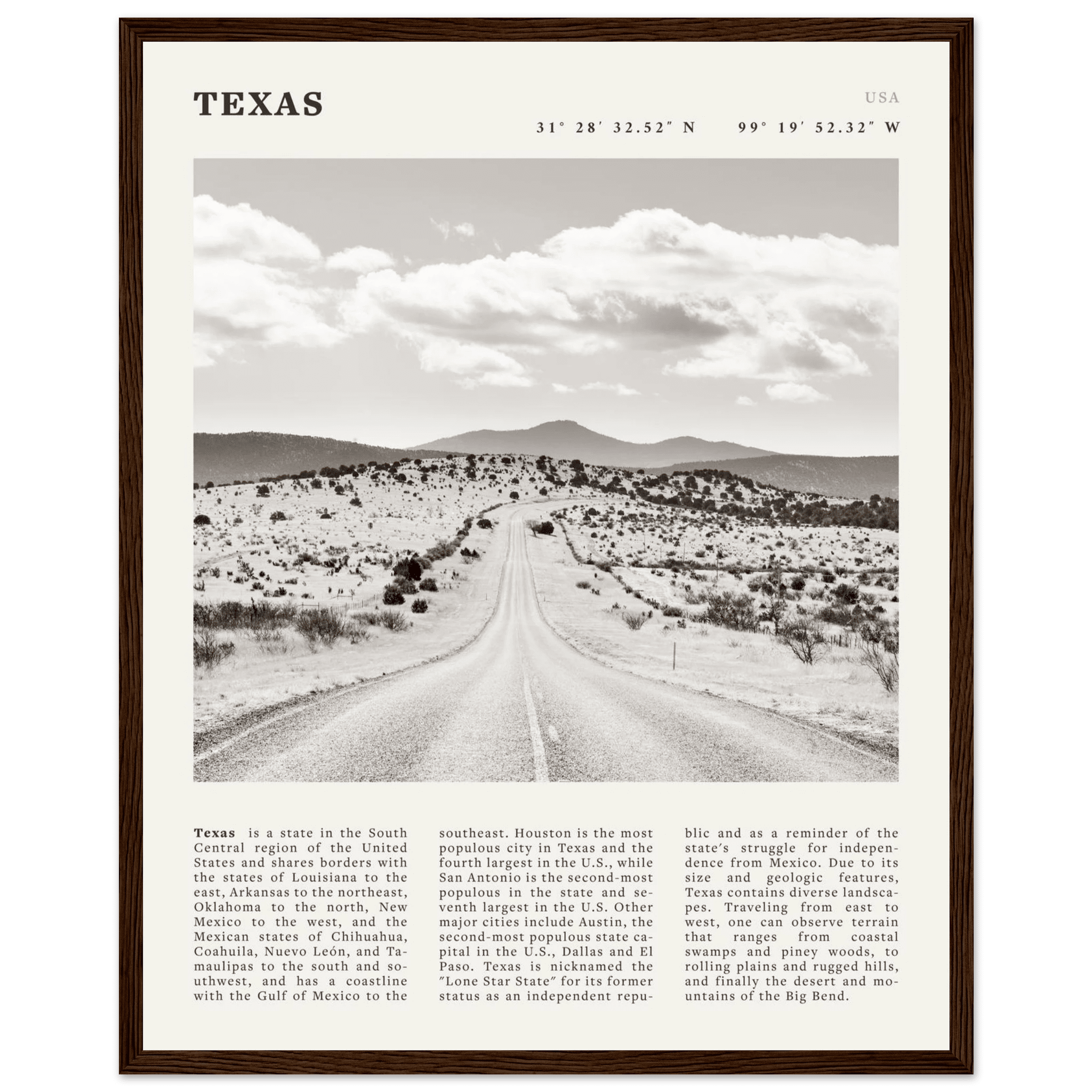 Texas Poster | Black & White Lone Star Road Wall Art | USA Travel Print Decor - Evergreen Posters
