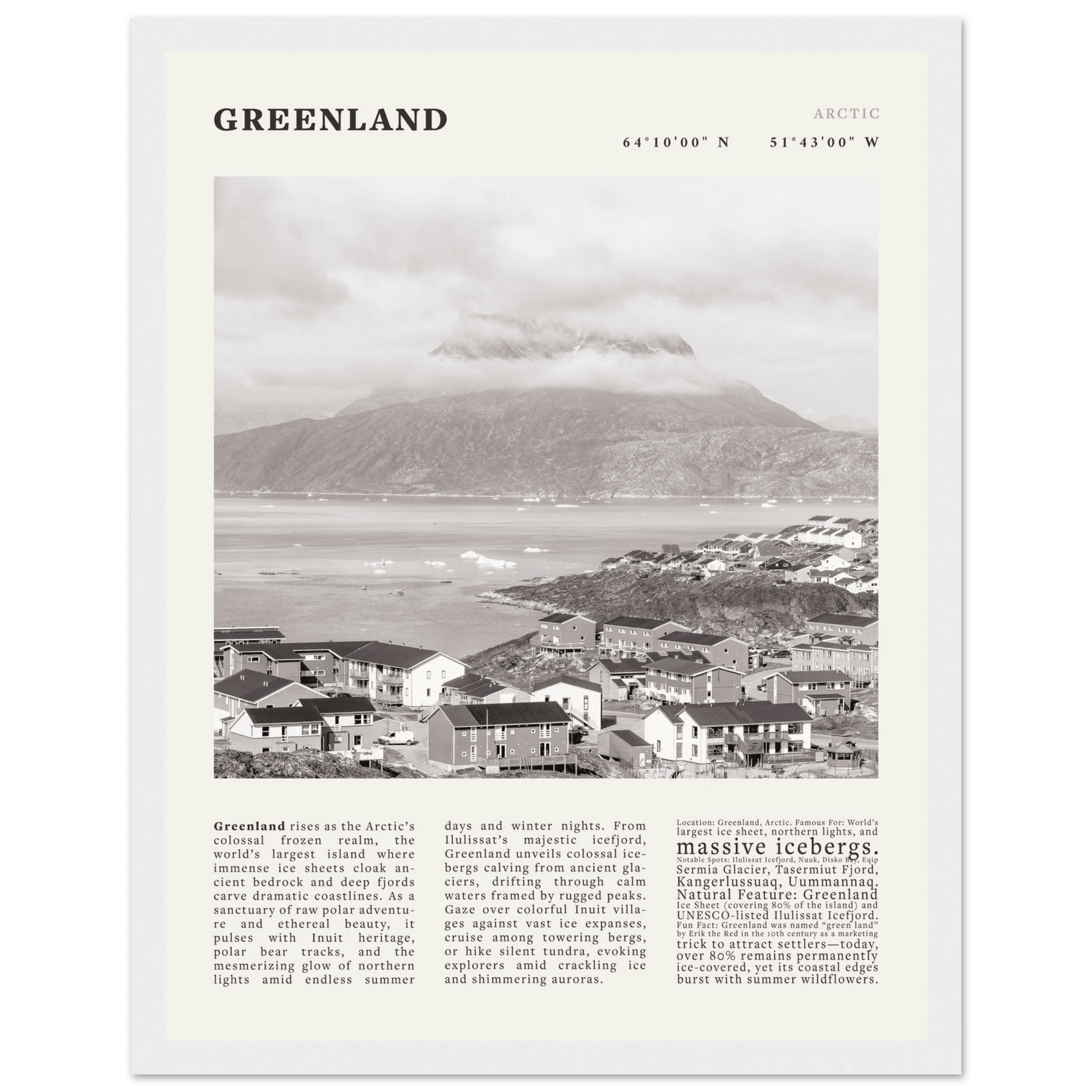 Greenland Poster Black and White – Vintage Arctic Fjord Landscape Print (Digital & Printed Options) - Evergreen Posters