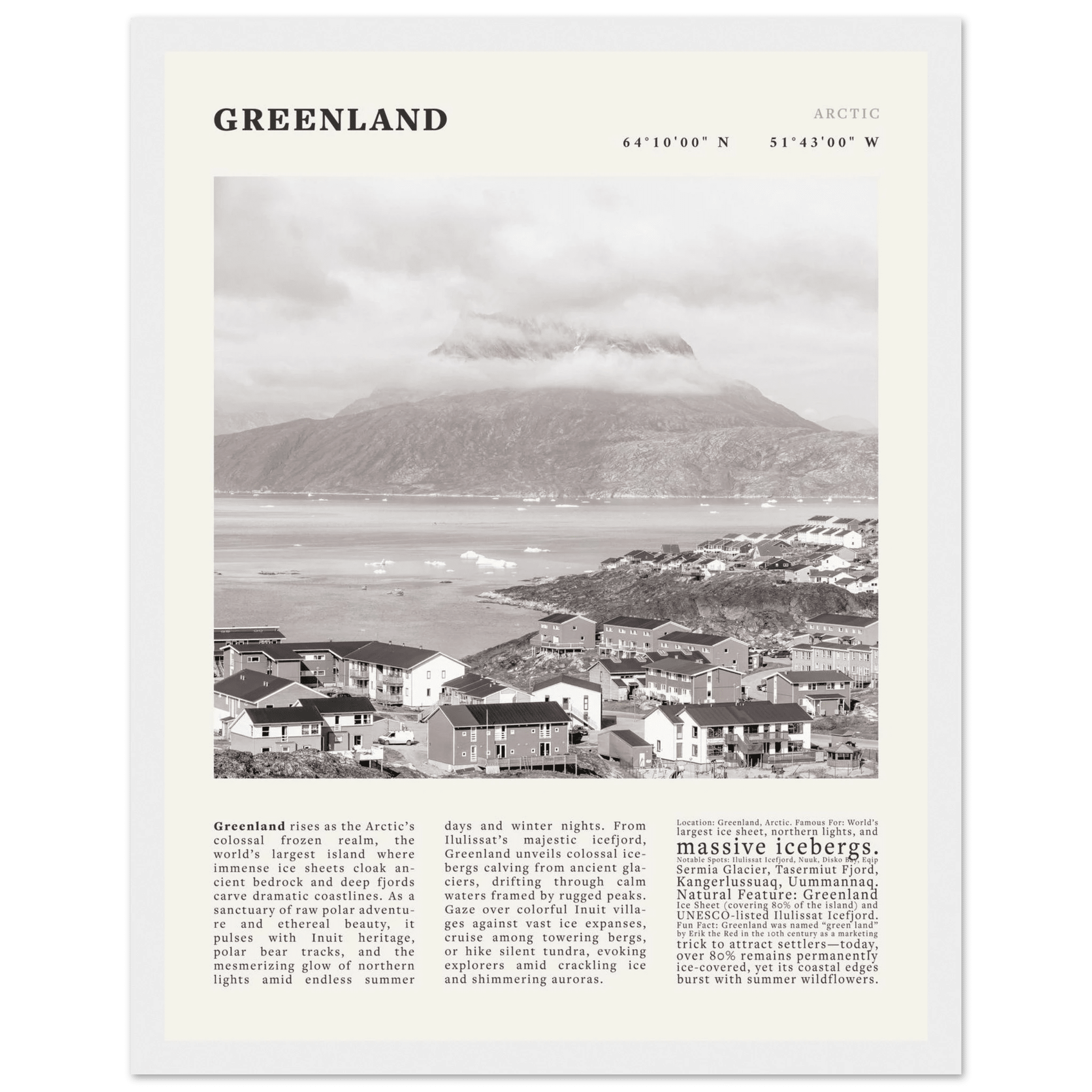 Greenland Poster Black and White – Vintage Arctic Fjord Landscape Print (Digital & Printed Options) - Evergreen Posters