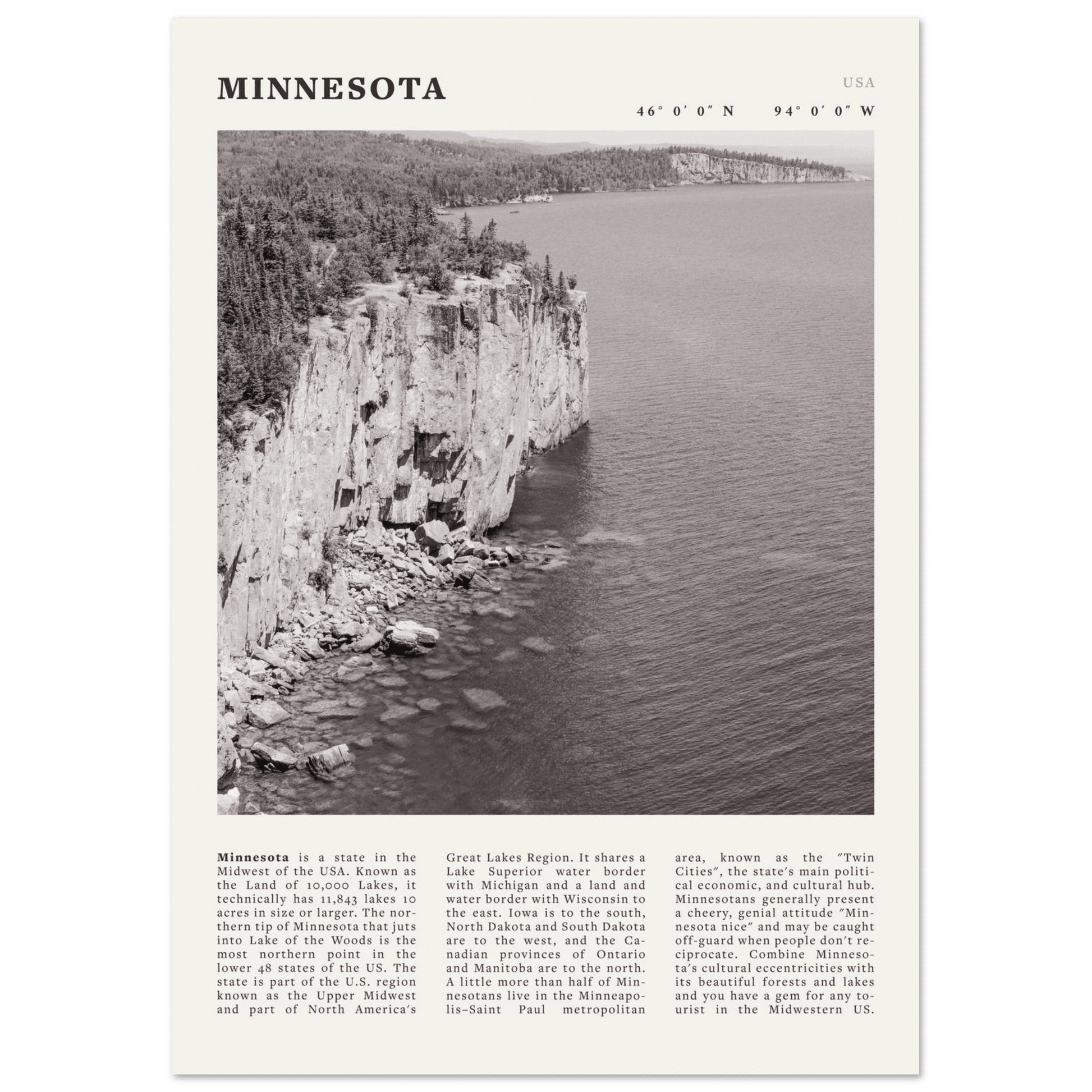 Minnesota Poster | Black & White Lake Superior Wall Art | USA Nature Travel Print - Evergreen Posters