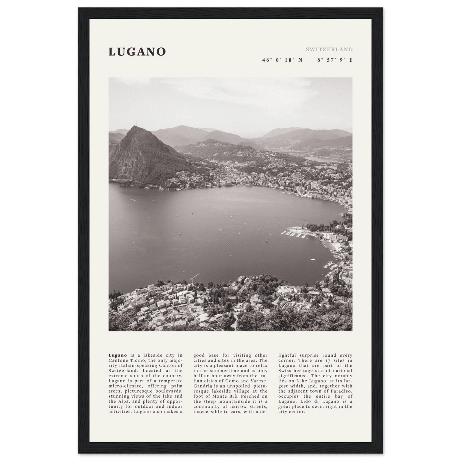 Lugano Poster | Black & White Swiss Lake Wall Art | Switzerland Travel Print - Evergreen Posters