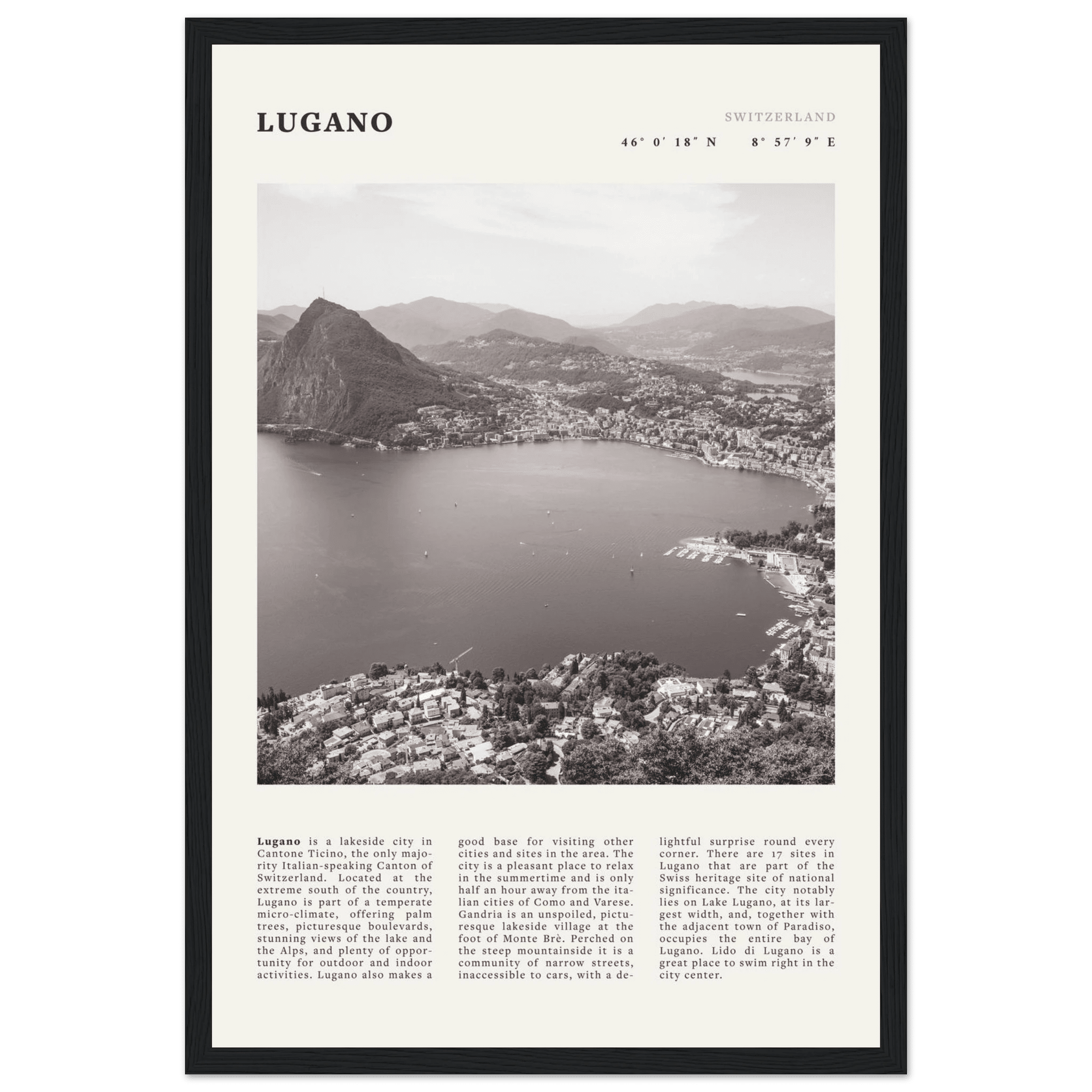 Lugano Poster | Black & White Swiss Lake Wall Art | Switzerland Travel Print - Evergreen Posters