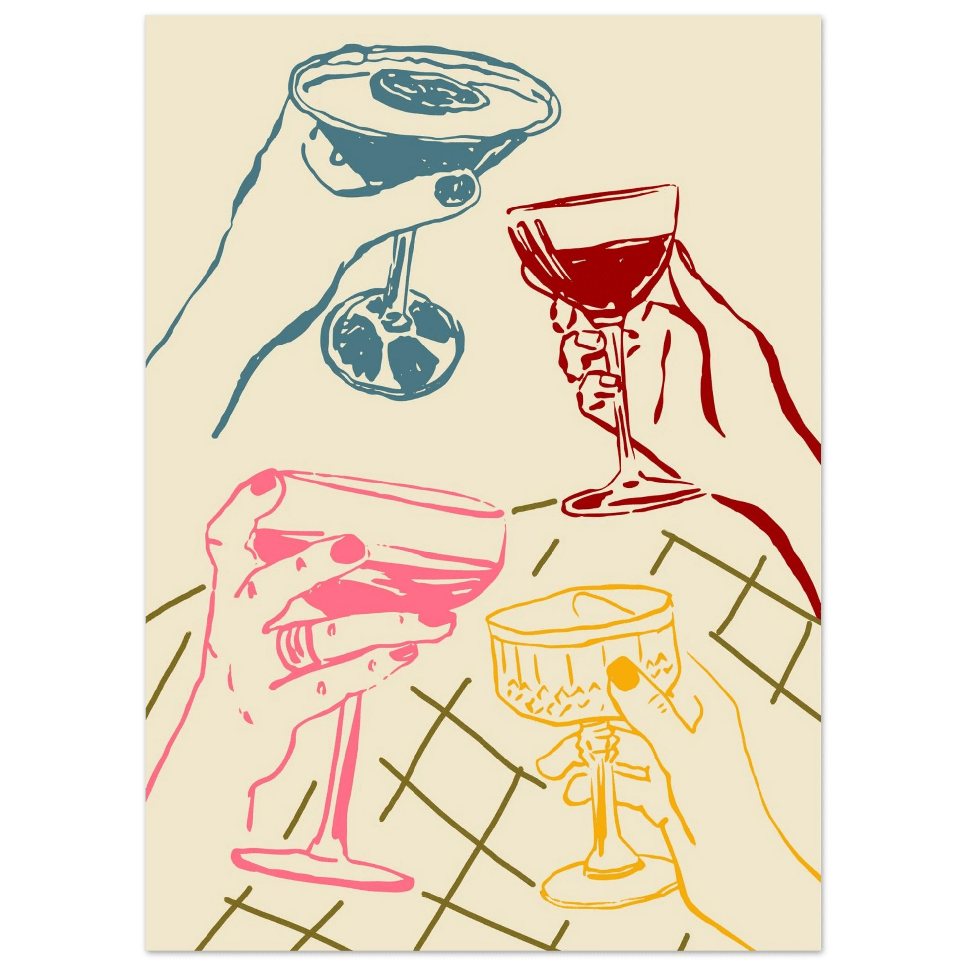 Cheers Print | Colourful Cocktail Glasses Wall Art | Kitchen Bar Poster - Evergreen Posters