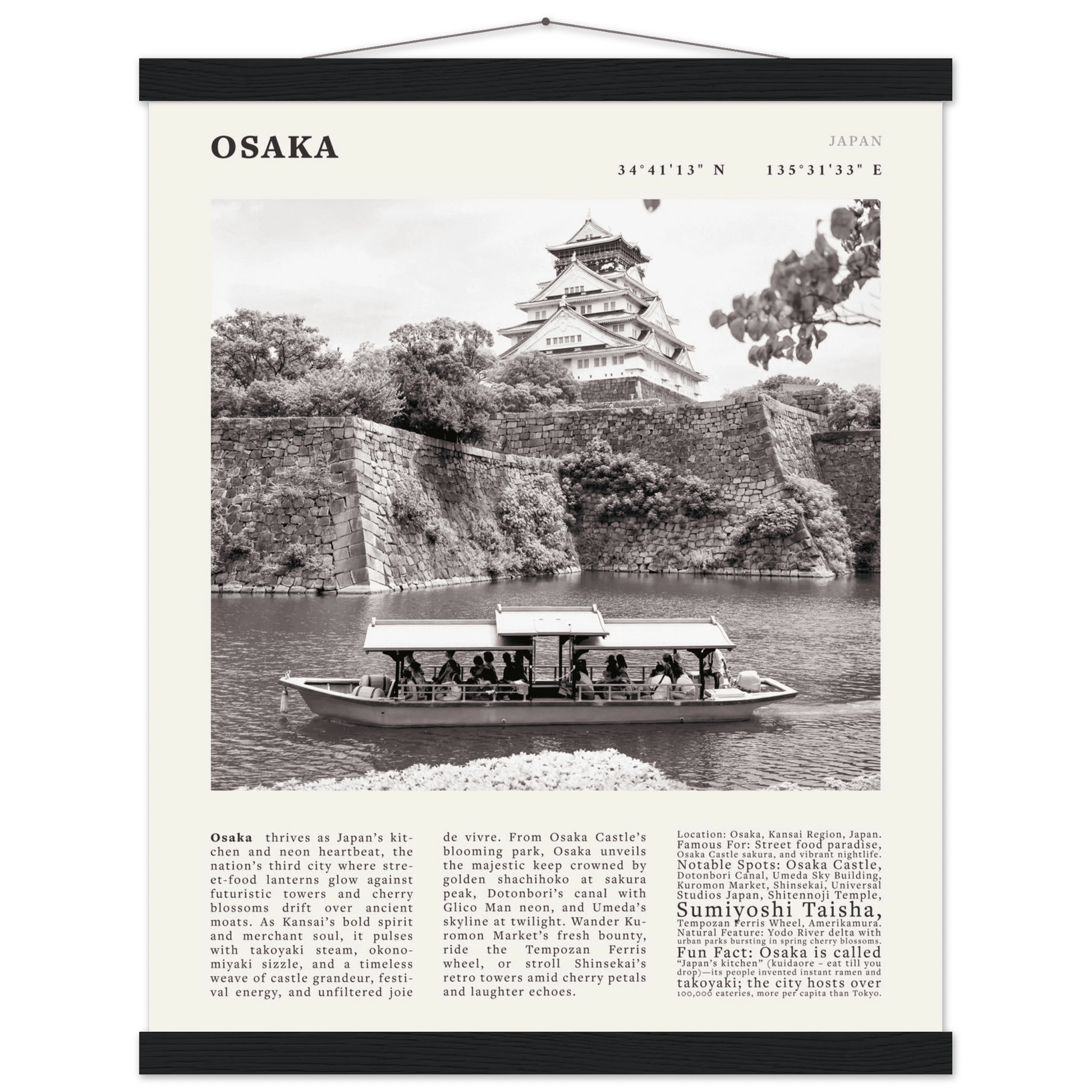 Osaka Poster Black and White – Vintage Osaka Castle Cherry Blossom Print (Digital & Printed Options) - Evergreen Posters