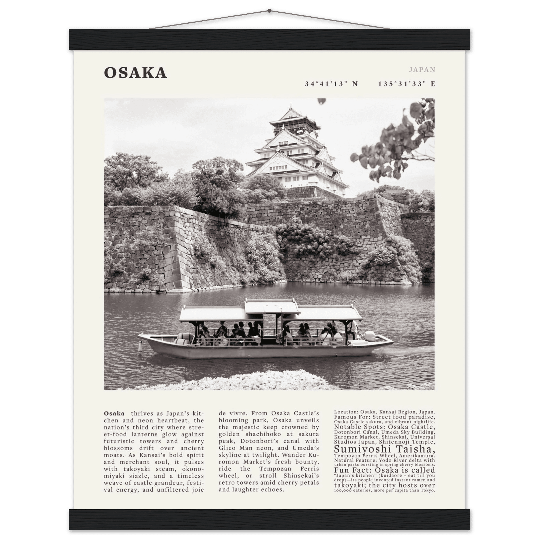 Osaka Poster Black and White – Vintage Osaka Castle Cherry Blossom Print (Digital & Printed Options) - Evergreen Posters