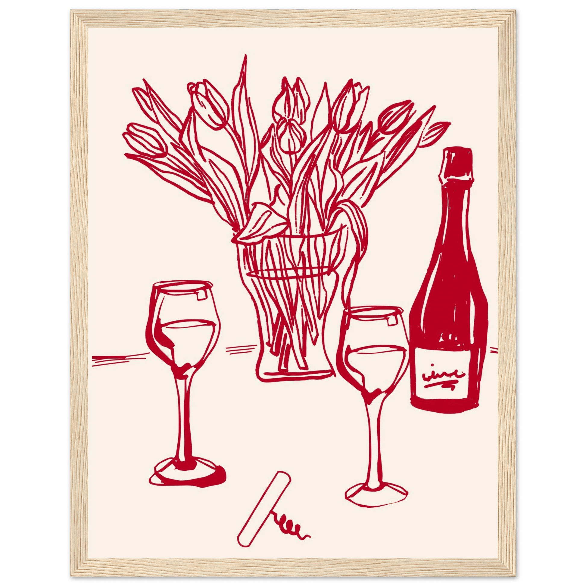Red Wine & Tulips Print | Line Art Wine Bottle Wall Art | Kitchen Poster - Evergreen Posters