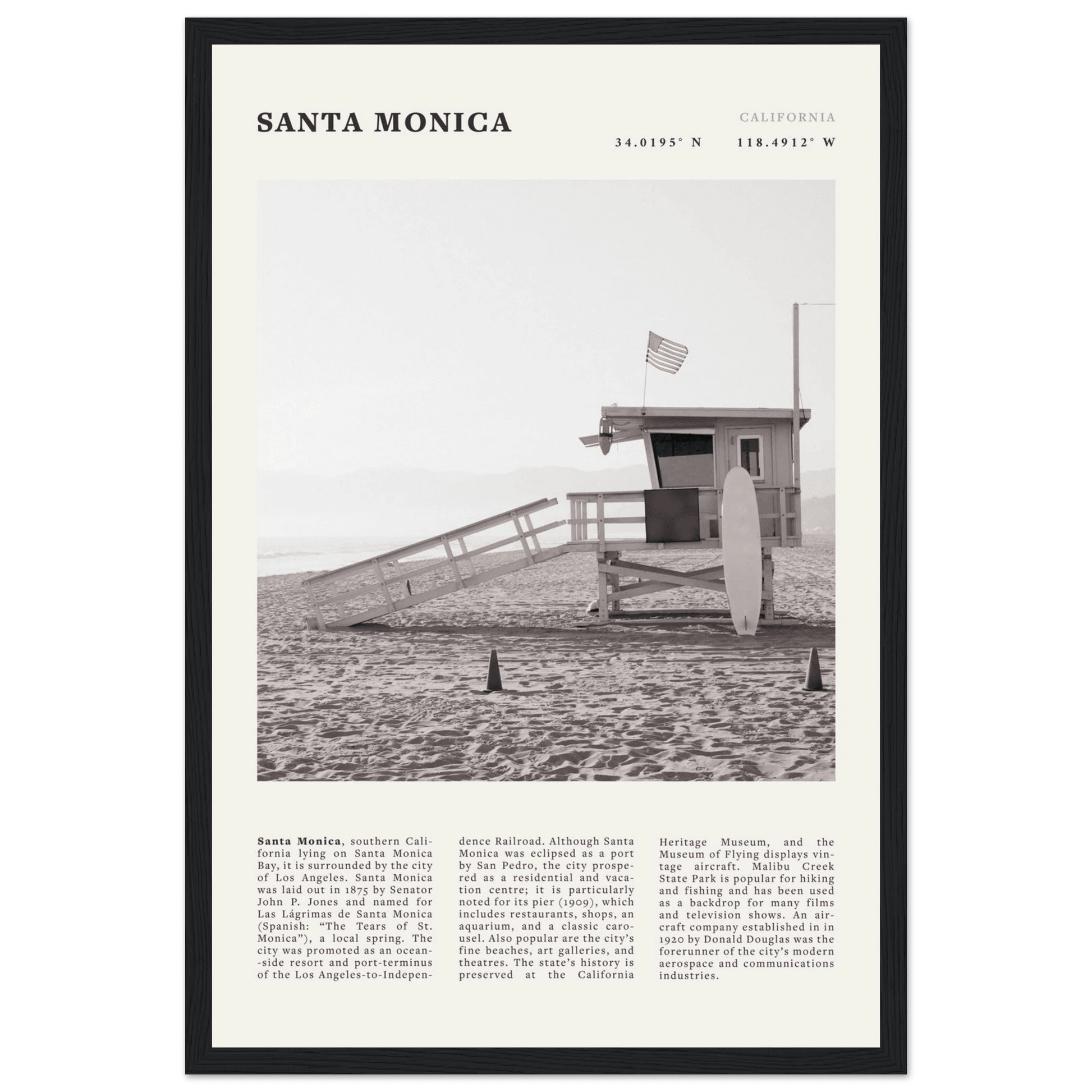 Santa Monica Poster | Black & White California Wall Art | Beach Travel Print | Coastal Decor - Evergreen Posters