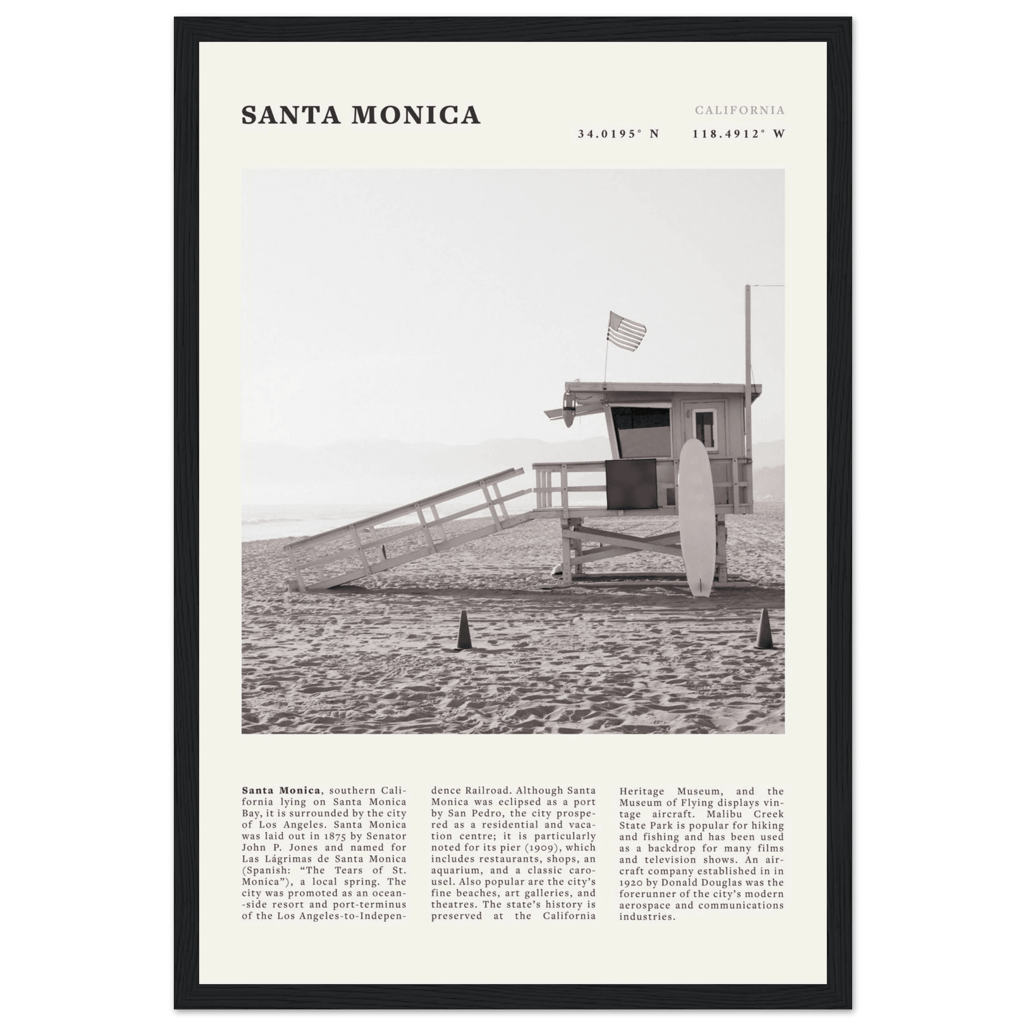 Santa Monica Poster | Black & White California Wall Art | Beach Travel Print | Coastal Decor - Evergreen Posters