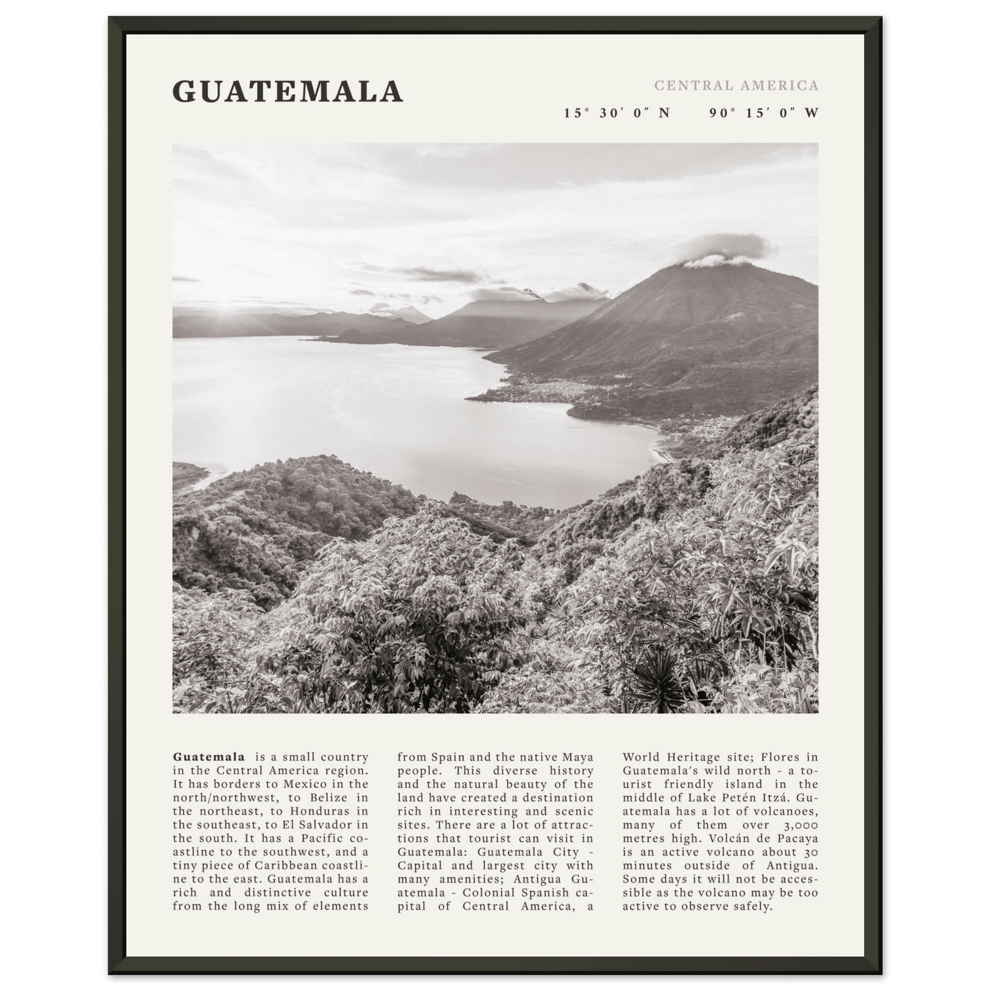 Guatemala Poster | Black & White Lake Atitlan Wall Art | Central America Travel Print - Evergreen Posters