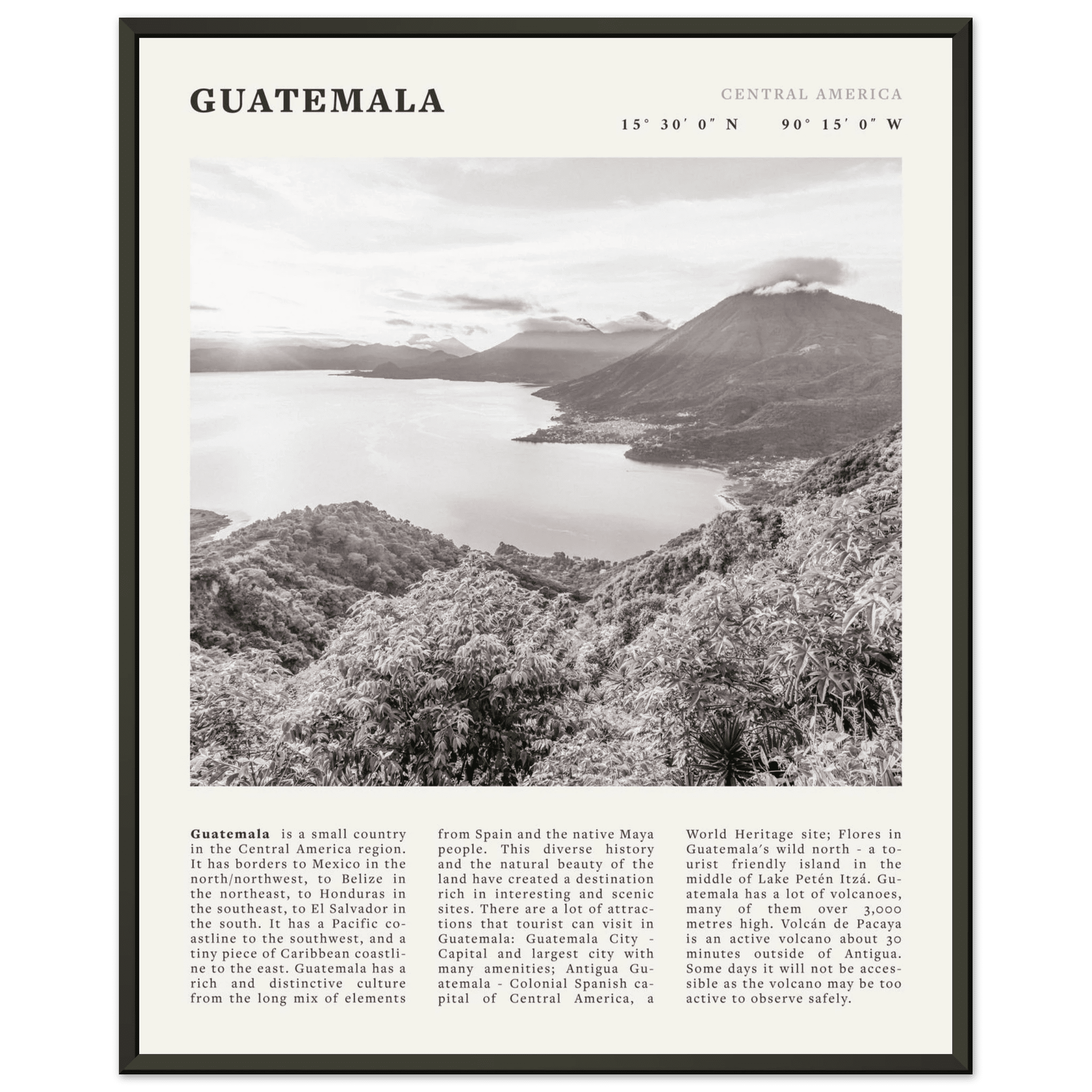 Guatemala Poster | Black & White Lake Atitlan Wall Art | Central America Travel Print - Evergreen Posters