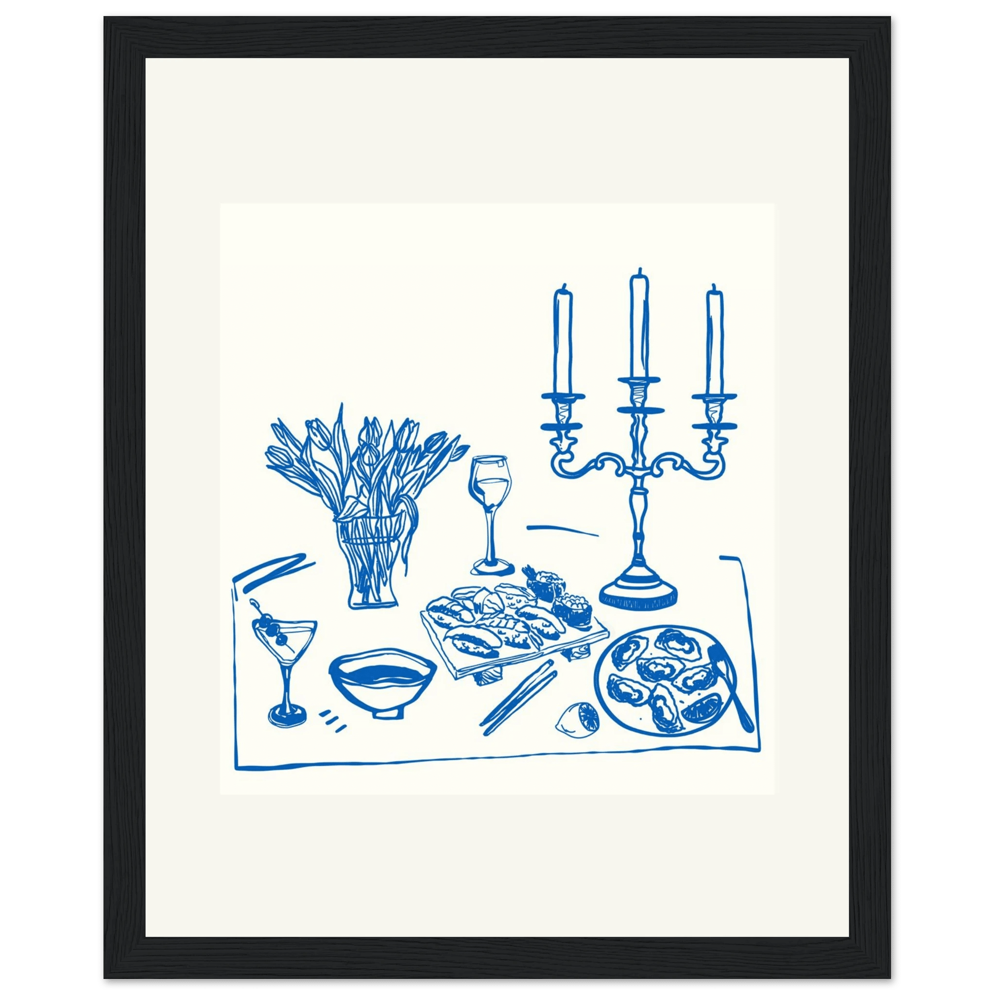 Fine Dining Table Print | Blue Line Art Kitchen Wall Art | Elegant Dining Room Poster - Evergreen Posters