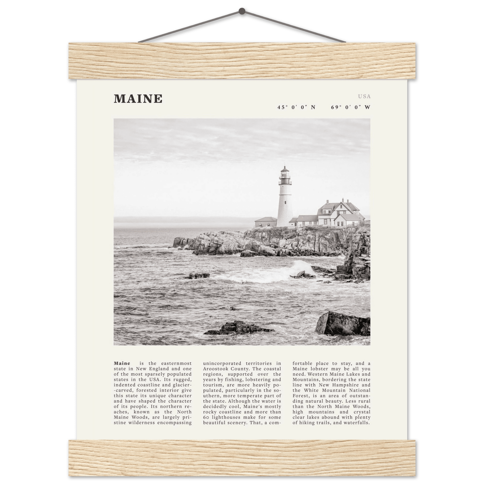 Maine Poster | Black & White Lighthouse Wall Art | New England Coastal Travel Print - Evergreen Posters