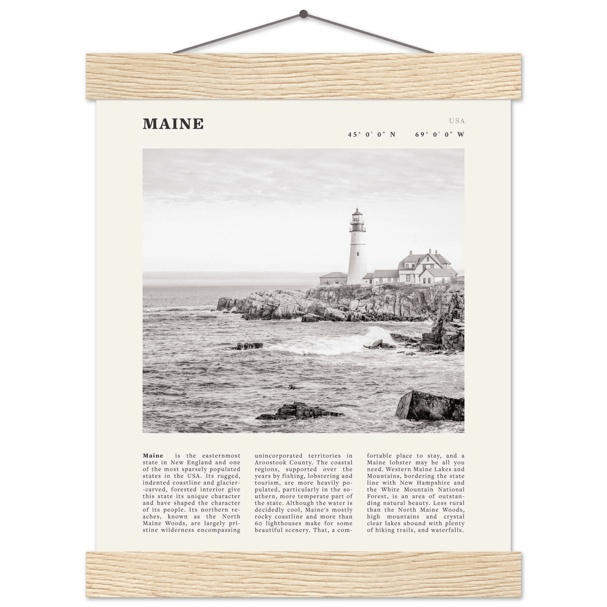 Maine Poster | Black & White Lighthouse Wall Art | New England Coastal Travel Print - Evergreen Posters